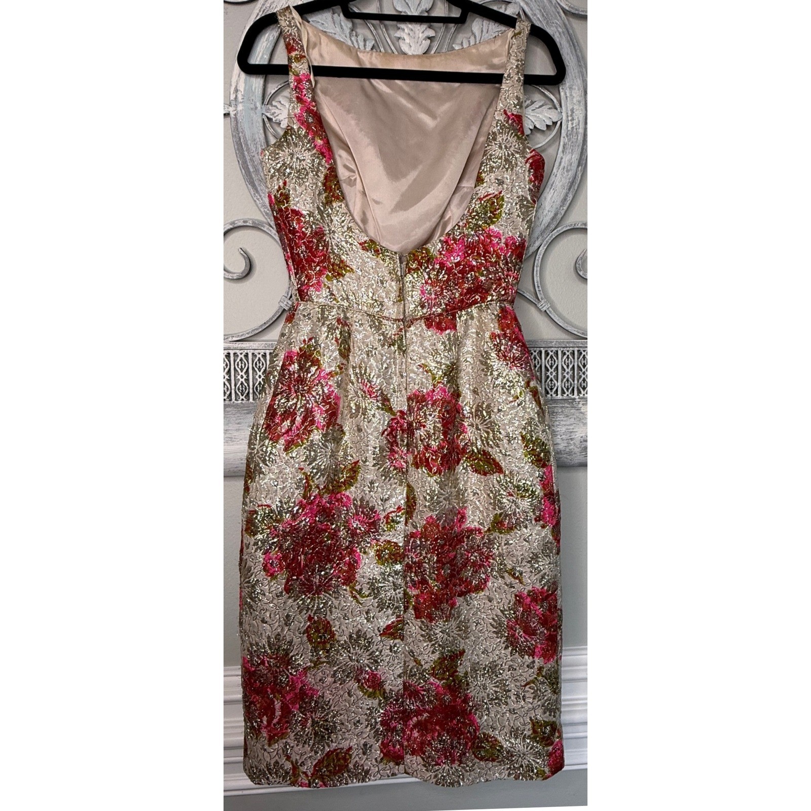 Jay Herbert California Vintage 1950s Gold Brocade Pink Floral Cocktail Dress XS
