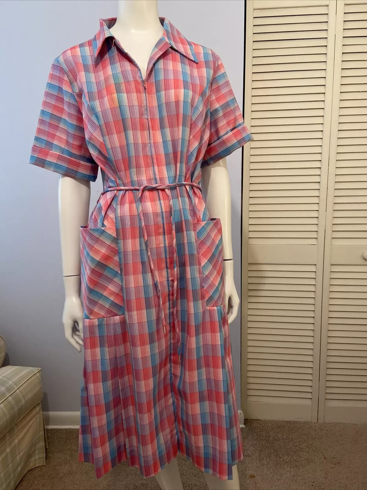 1960s Pink Blue Plaid Day Dress Pockets Shift House Mod Casual Punk Rockabilly L