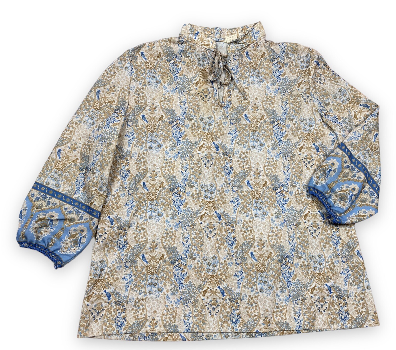 Vtg 70s Retro Disco Era Blouse Vines Birds Tan Blue Womens Size 38 Tie At Neck