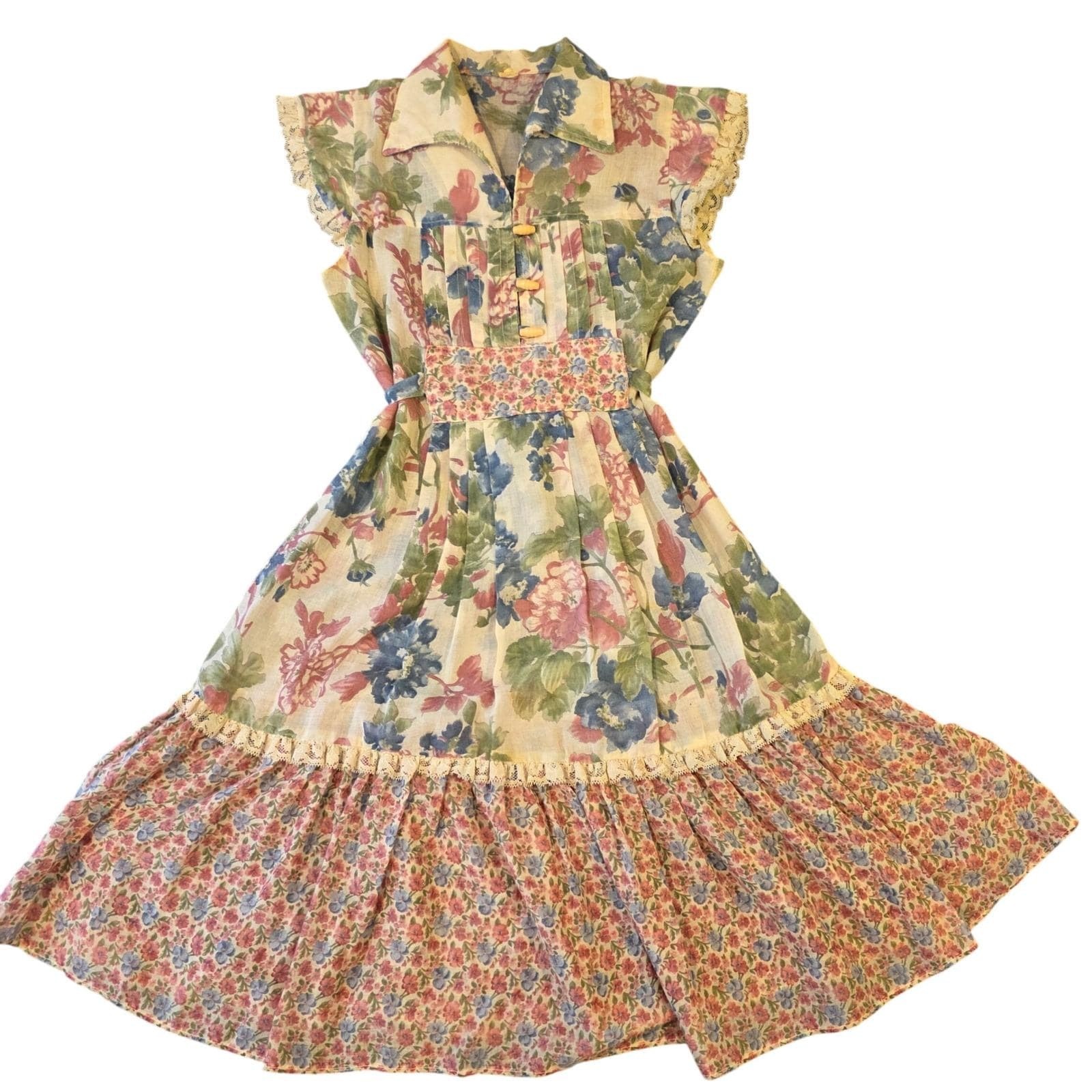 Vintage Floral Prairie Midi Dress Cottagecore Lace Trim Toggle Button