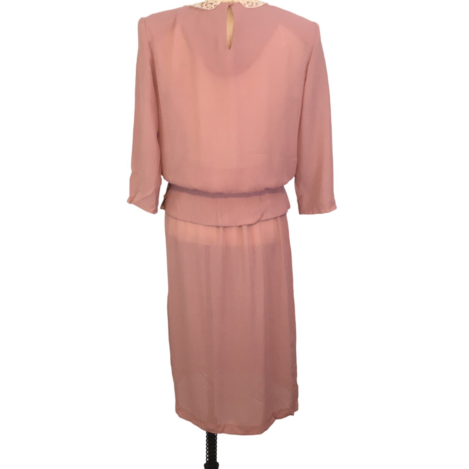 Amy-Deb Vintage 70’s Dusty Pink Sheer 2 pc dress, Lace Collar Cottagecore, sz 12