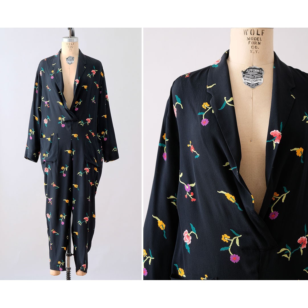Vintage Norma Kamali 1980’s Floral Print Black V-Neck Jumpsuit