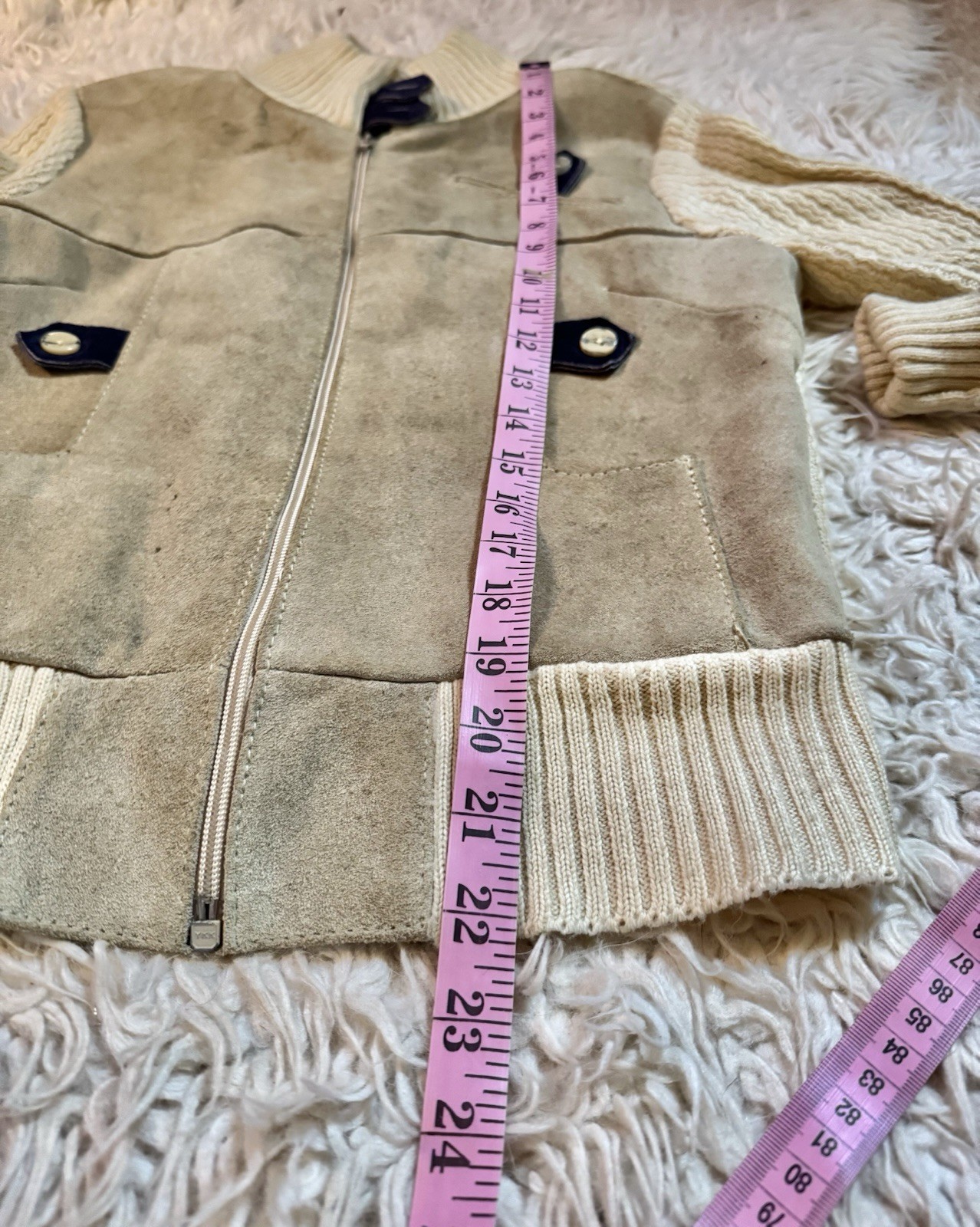 Vtg Suede Leather Acrylic Sweater Jacket Arpeja Taiwan Organically Grown Beige S