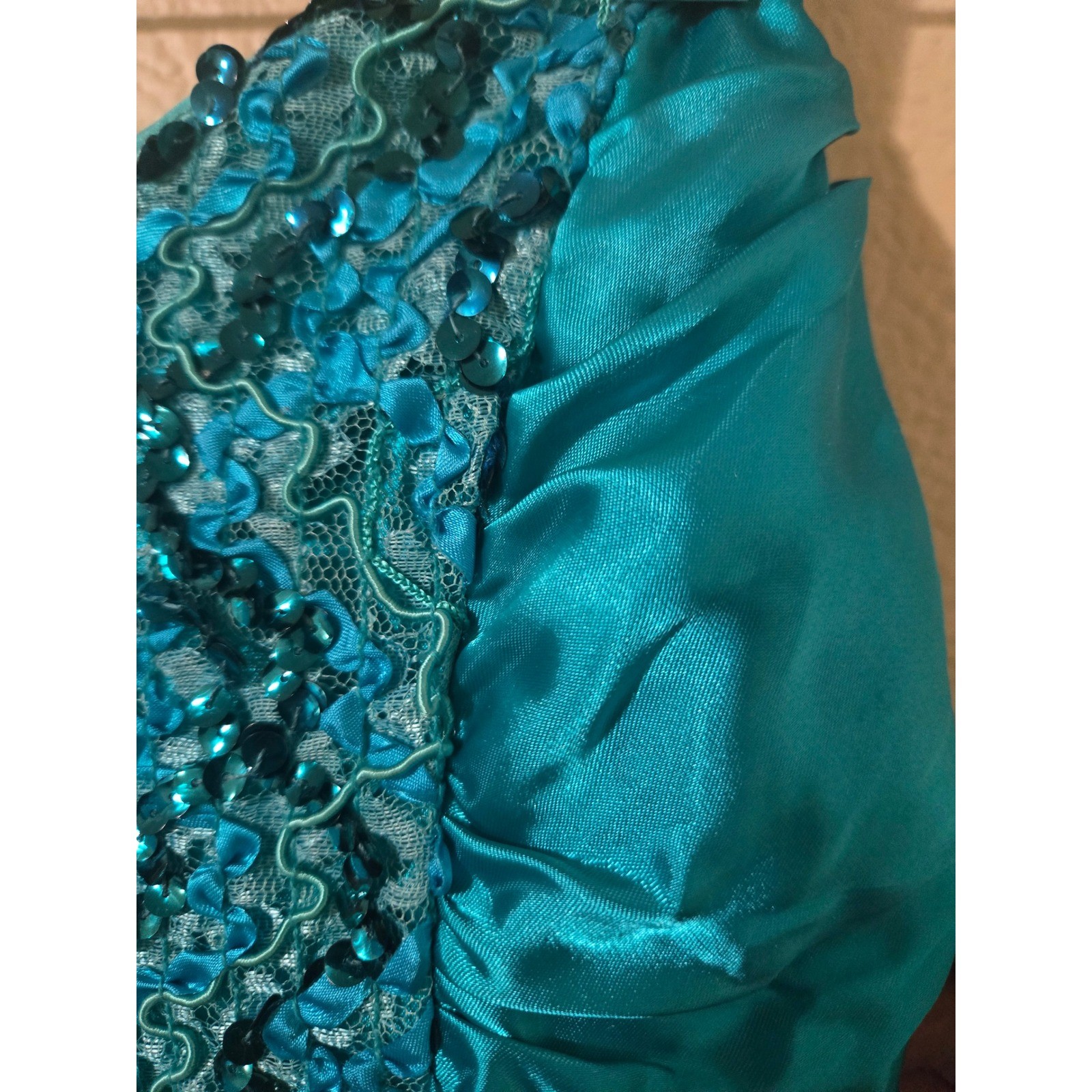 Vintage Zum Zum Teal Satin Sequin Mermaid Prom Dress Bow 80s 90s Size 10