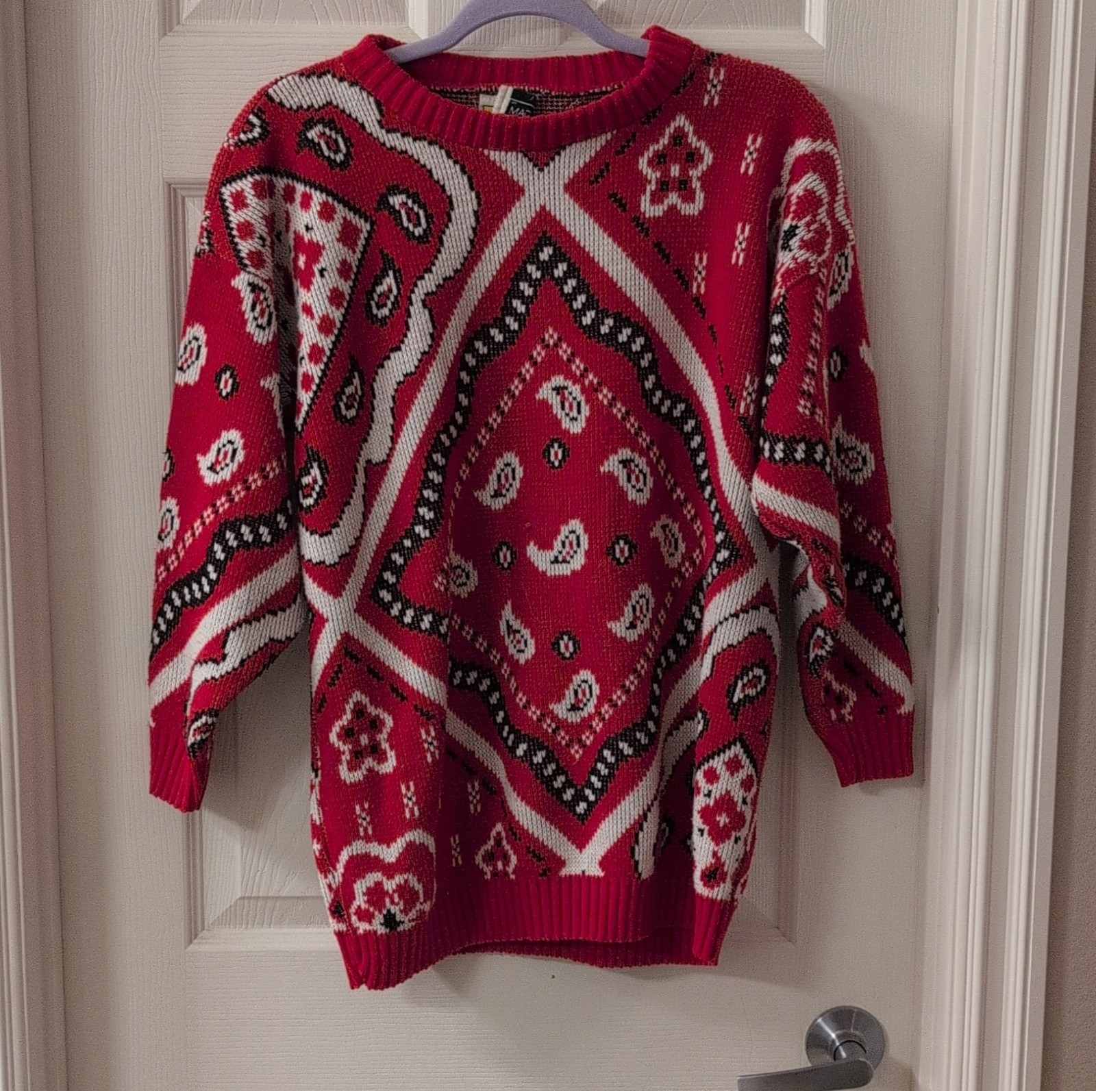 Traffic Jam 1980s Red Acrylic Paisley Bandana Print Sweater RN 36236 Made in USA