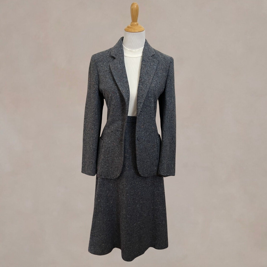 Vintage 90s Personal Wool Tweed Skirt Blazer Suit Blue Fleck Donegal