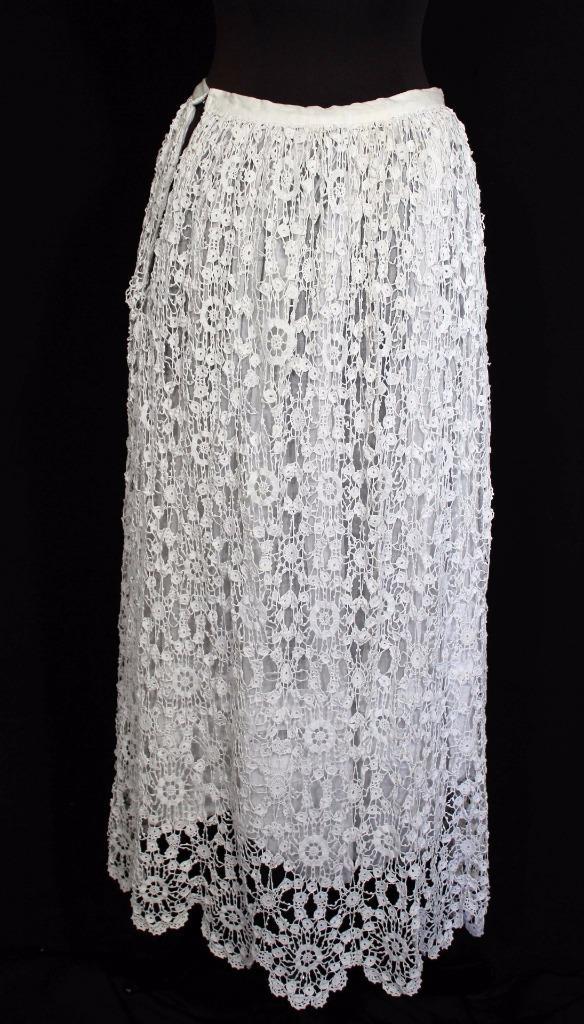 RARE ANTIQUE FRENCH LONG EDWARDIAN WHITE COTTON LACE PETTICOAT SKIRT 27″ WAIST