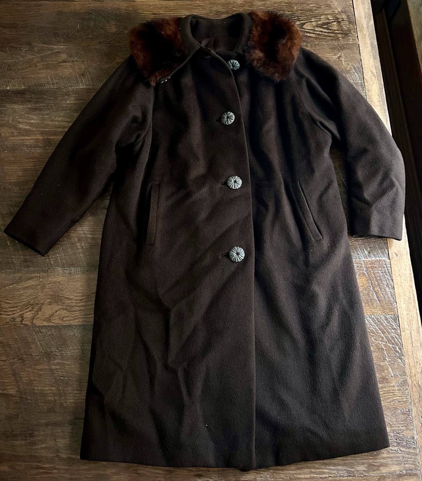 Vintage 1930s Womens Brown Wool Coat Fur Collar Big Buttons Union Made Old Money