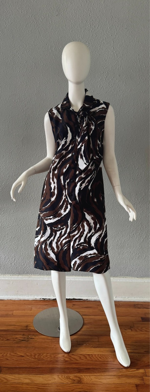 Vintage 60s Sleeveless Abstract Neck Tie MOD Button Shift Dress L