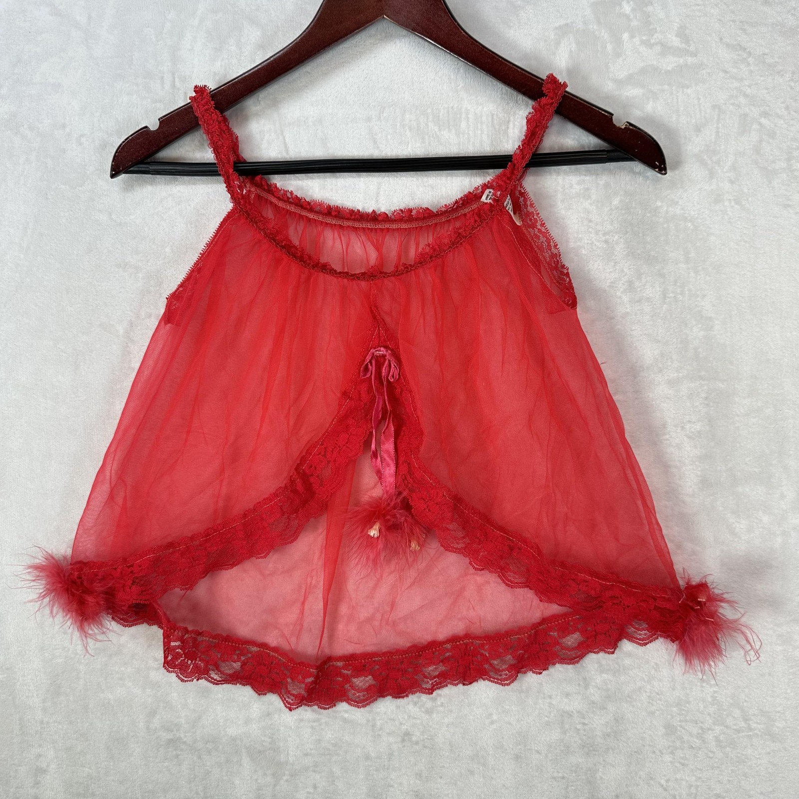 Vintage Exotique Top Womens OS Red Sheer Mesh Fur Trim Babydoll Lingerie 60s