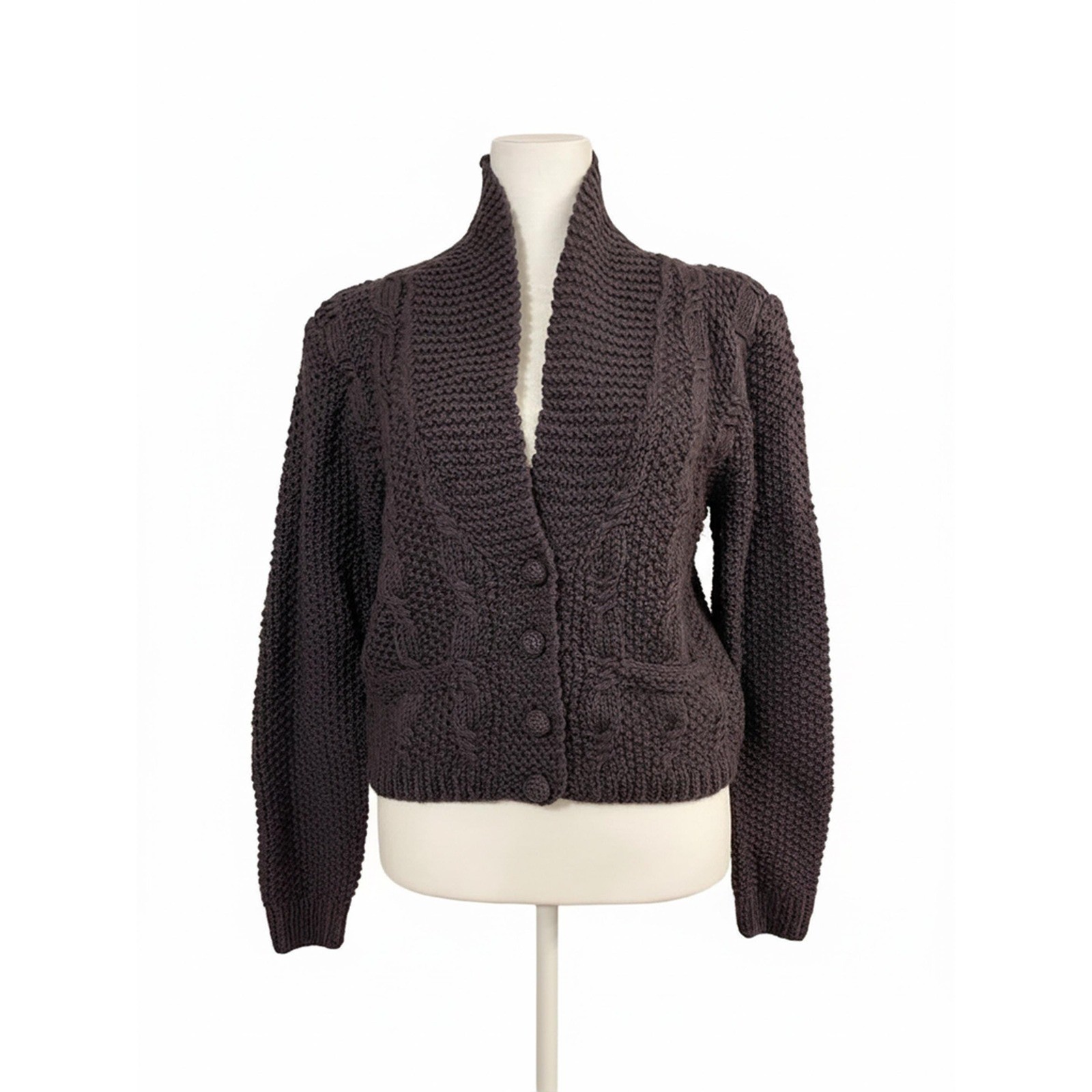 Vintage Hand-Knit Ellen Tracy Wool Cardigan – Taupe Eggplant Short Knit