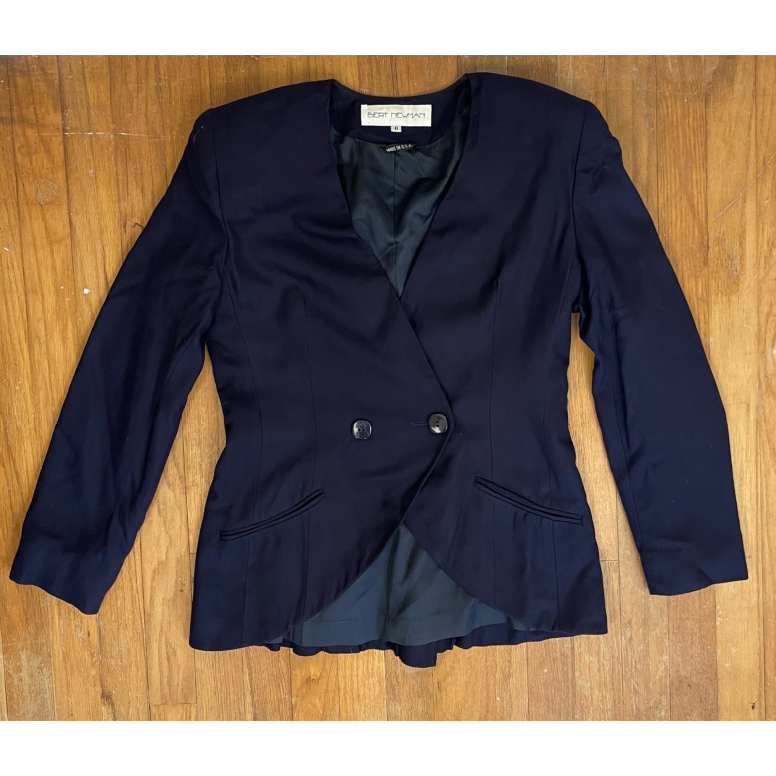 Vintage Double Breasted Blazer Womens Size Medium 1970s Navy Blue Woven Rayon