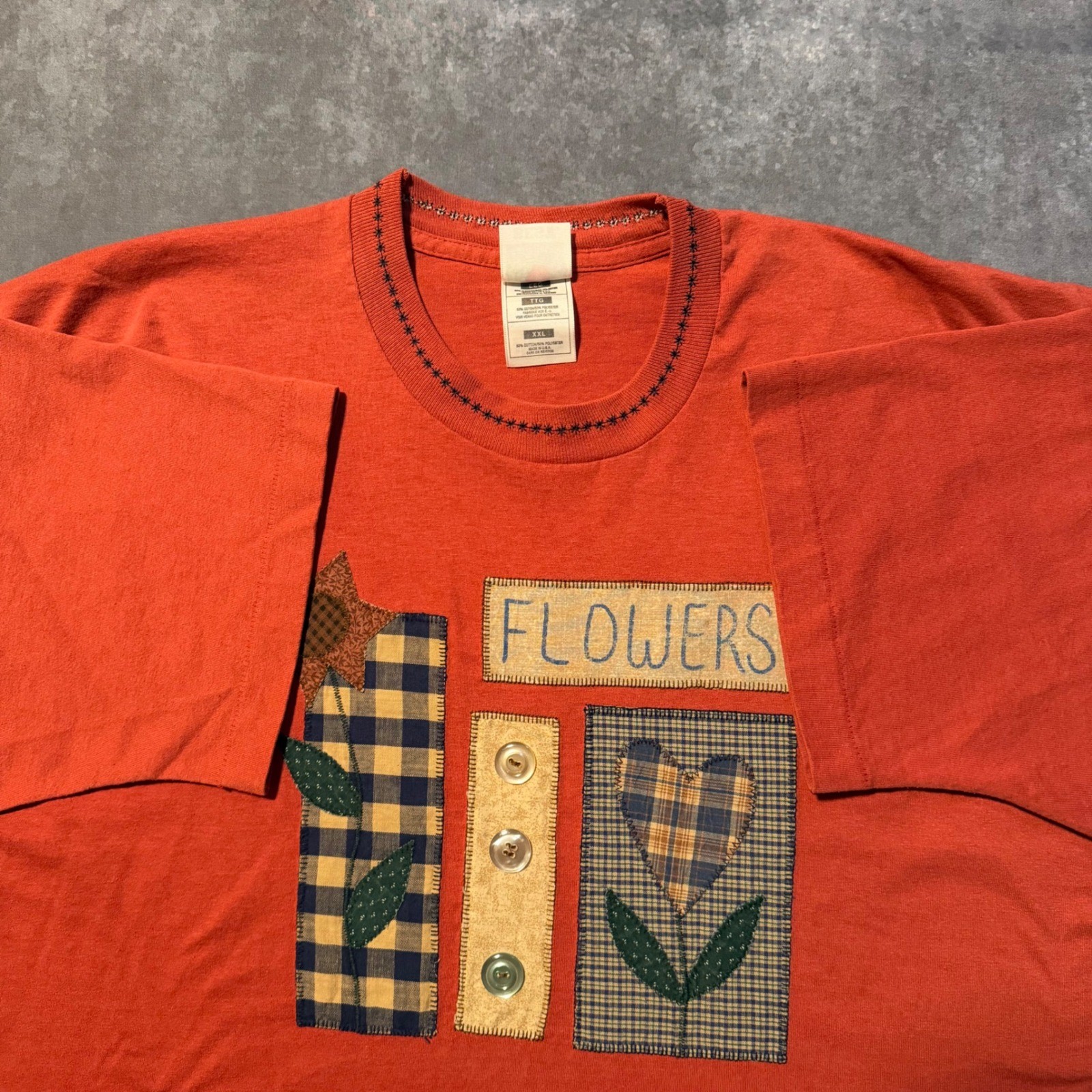Vintage Granny Cottage Flowers Patchwork T Shirt XXL Orange Cottagecore USA 90s