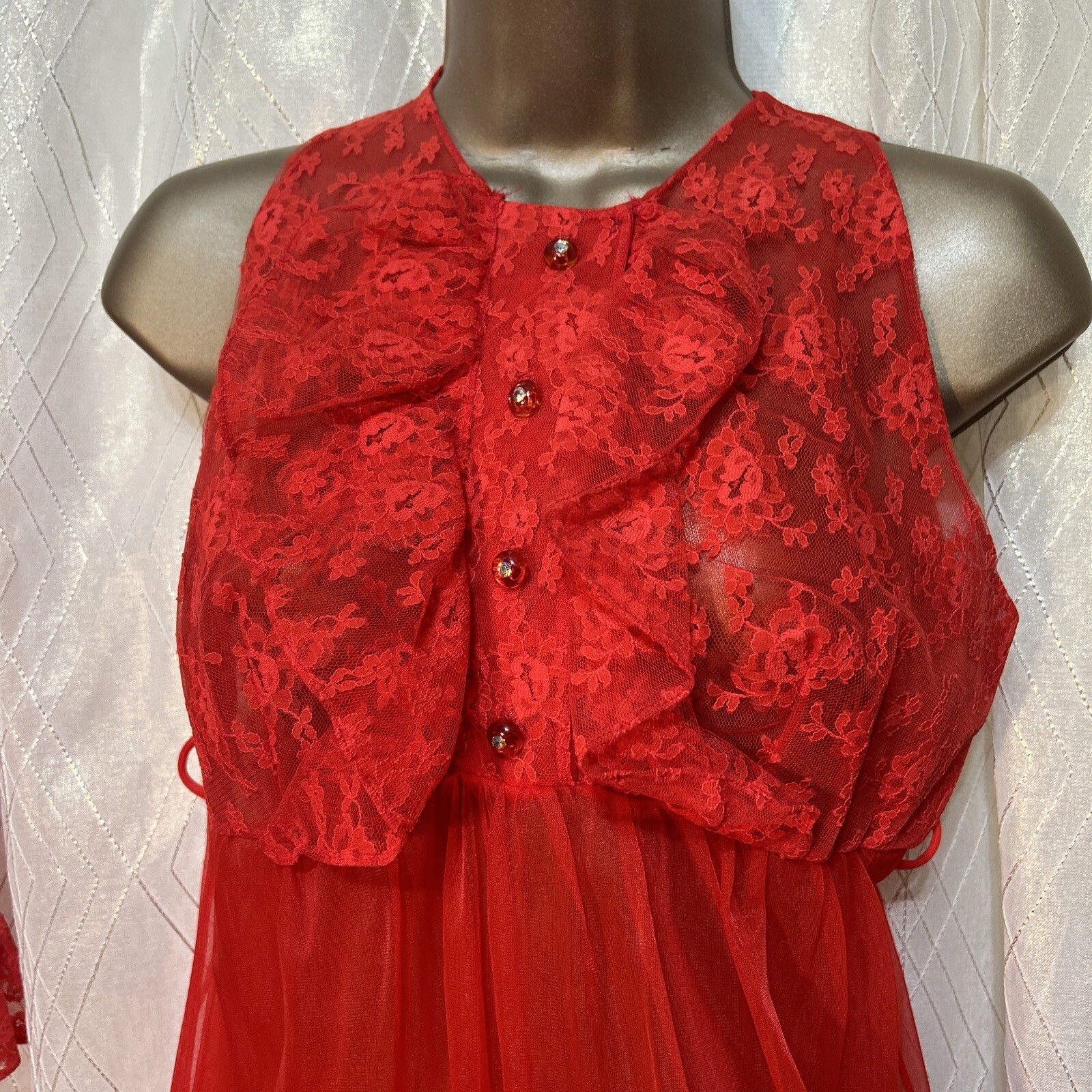 VTG 36 S M Peignoir Sunset Red NIGHTGOWN Lace Nylon LINGERIE Negligee Chiffon