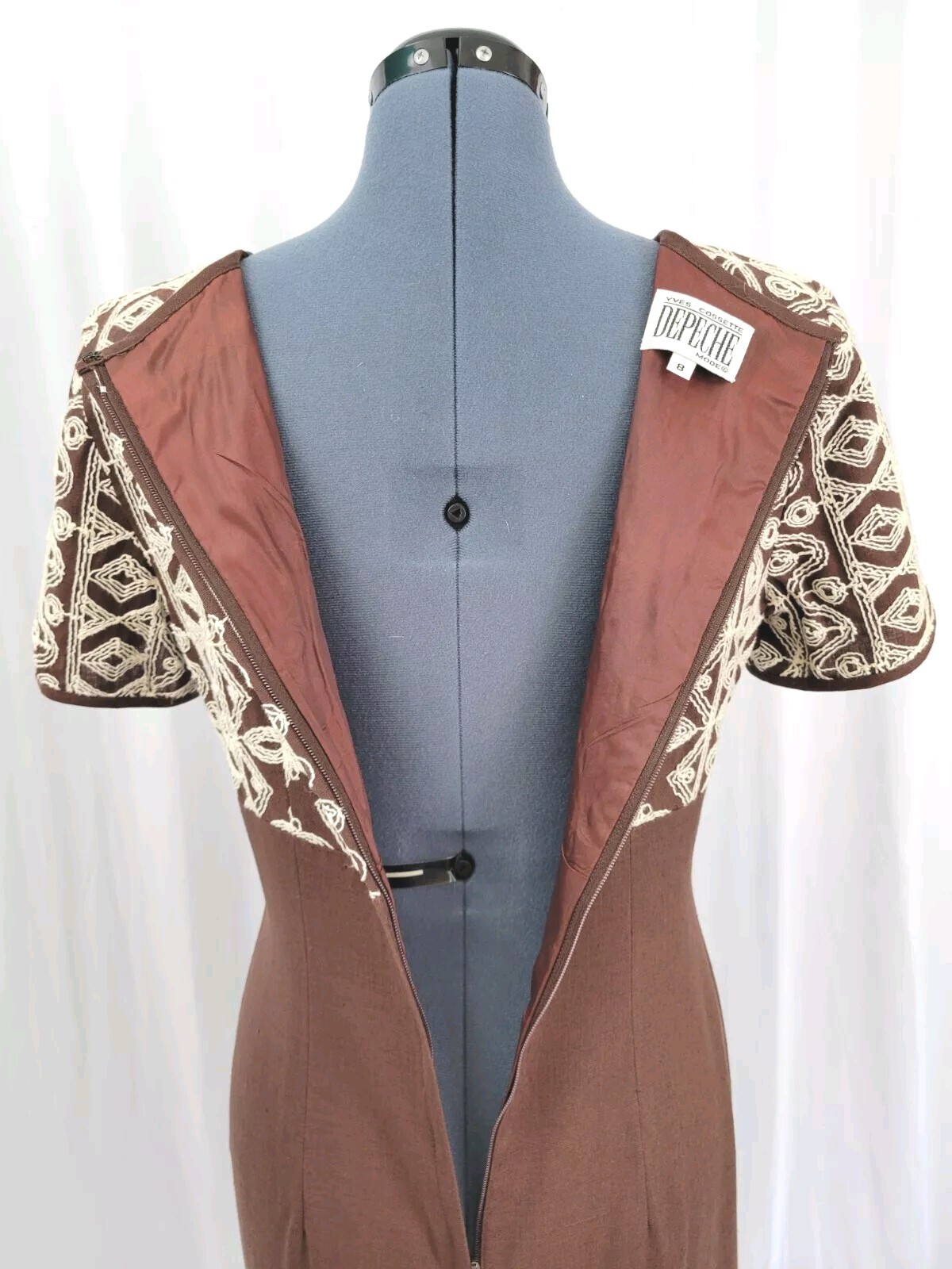 Vintage Yves Cosette Depeche Mode Brown Dress w Cream Embroidery Size 8