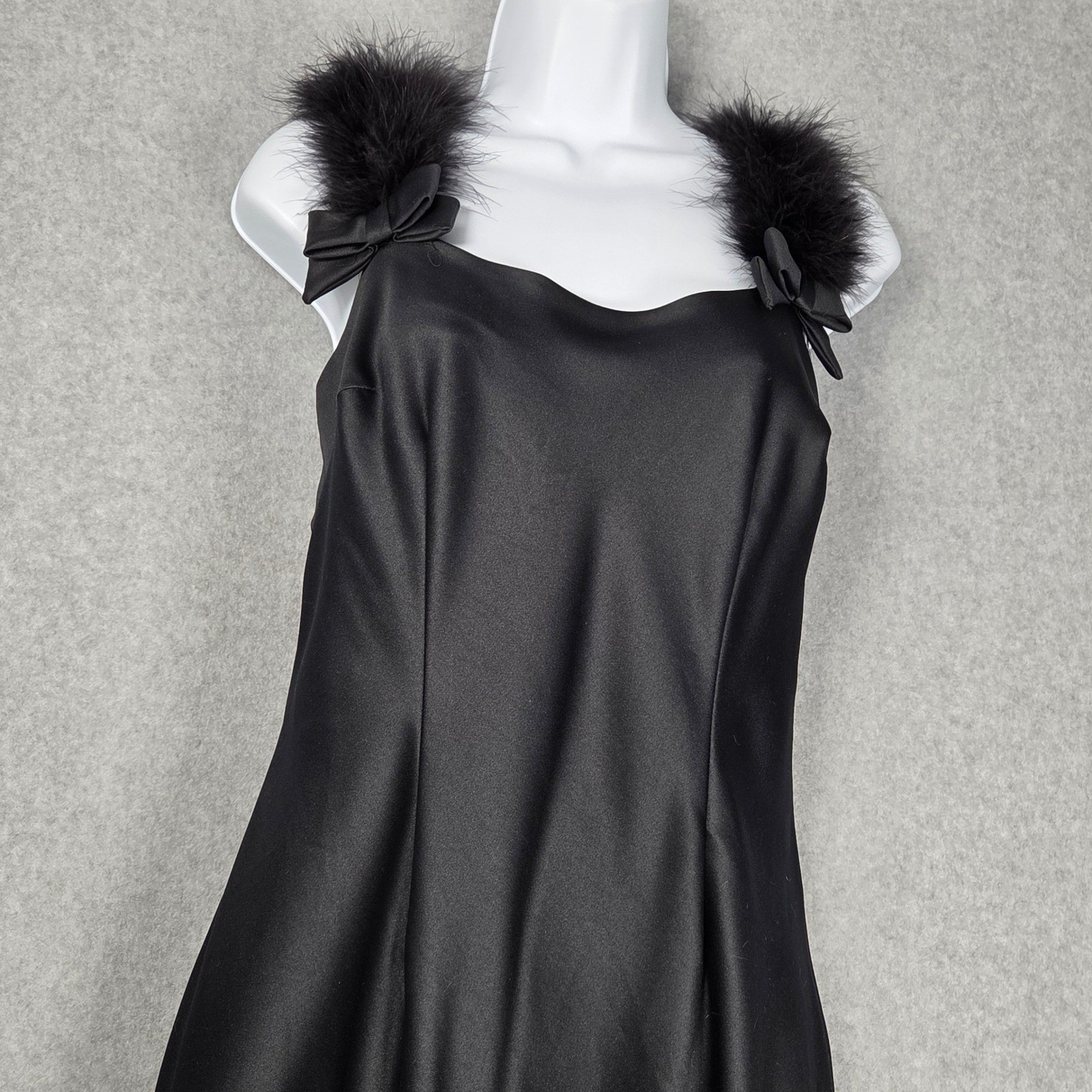 Vintage Niki Livas Women 12 Maxi Satin Gown Dress 90s Feather Bow Black Elegant