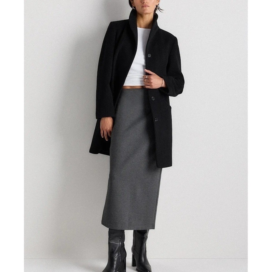 Quince Womens XS NWOT Wool Cashmere Cocoon Coat Black Shawl Collar Horn Buttons
