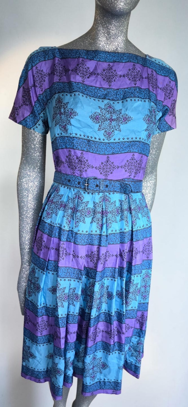 VTG L’Aiglon Pure Silk Dress Sz 12 Blue Purple Geometric Print Belted Pleated