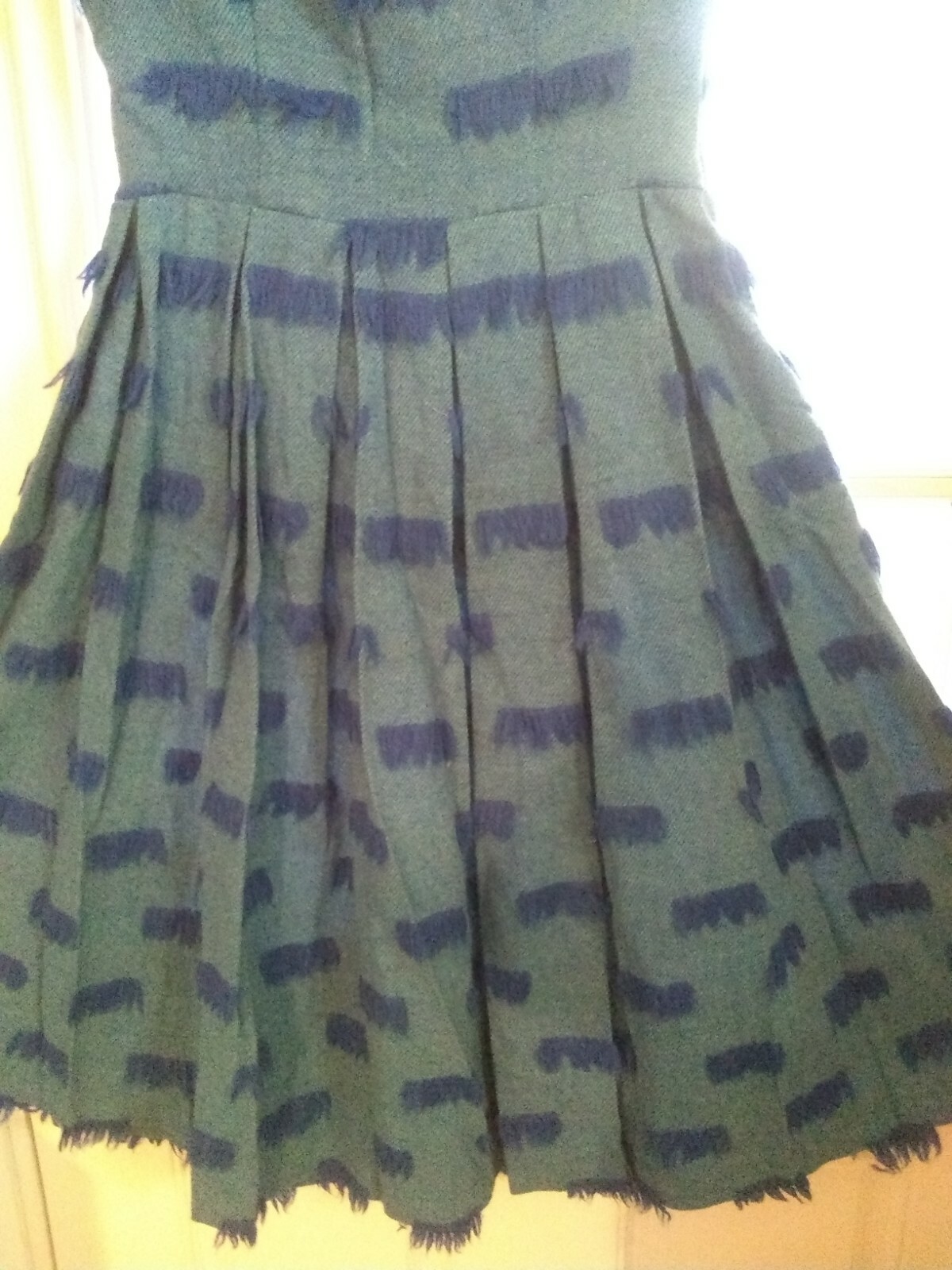Vintage 40s 50s dress , designer wool fabric, blue tuffs, full pleated skirt