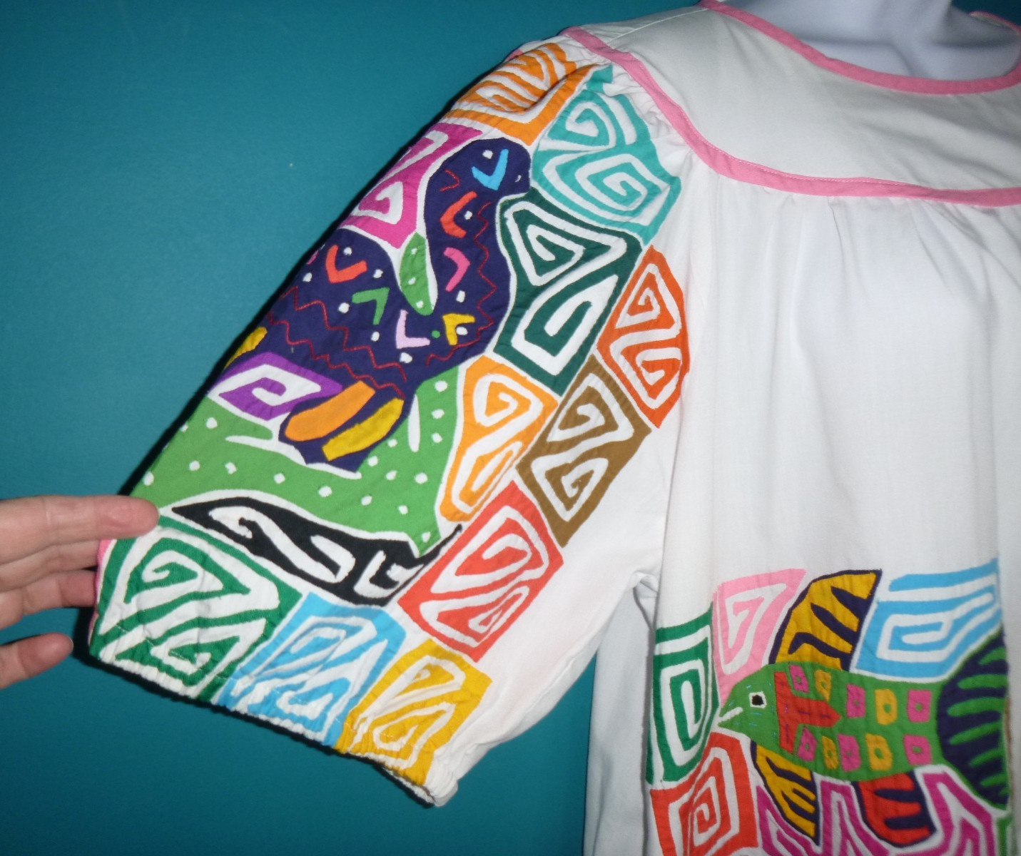 Vtg 70s Seds Crafts Mola Panama Reverse Applique Dress Fish Geckos One Size