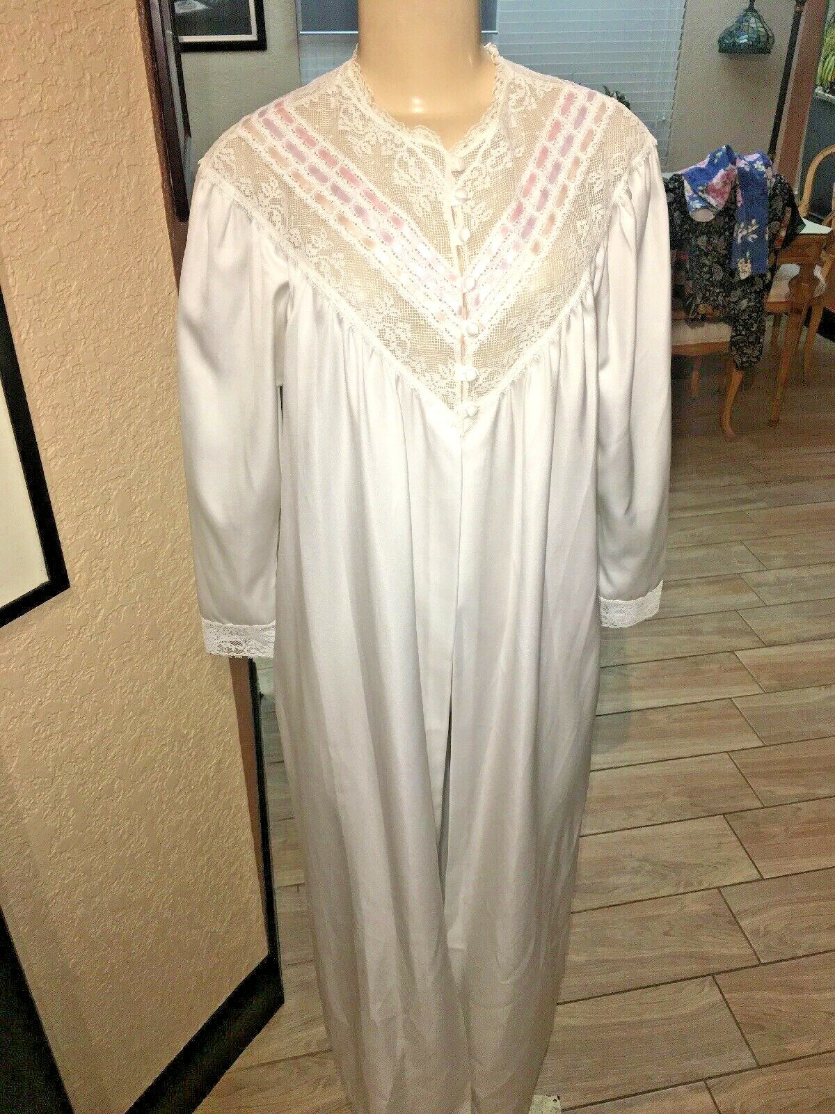 Vintage Intime of California LACE PINK RIBBON Night Gown WHITE SIZE P y1