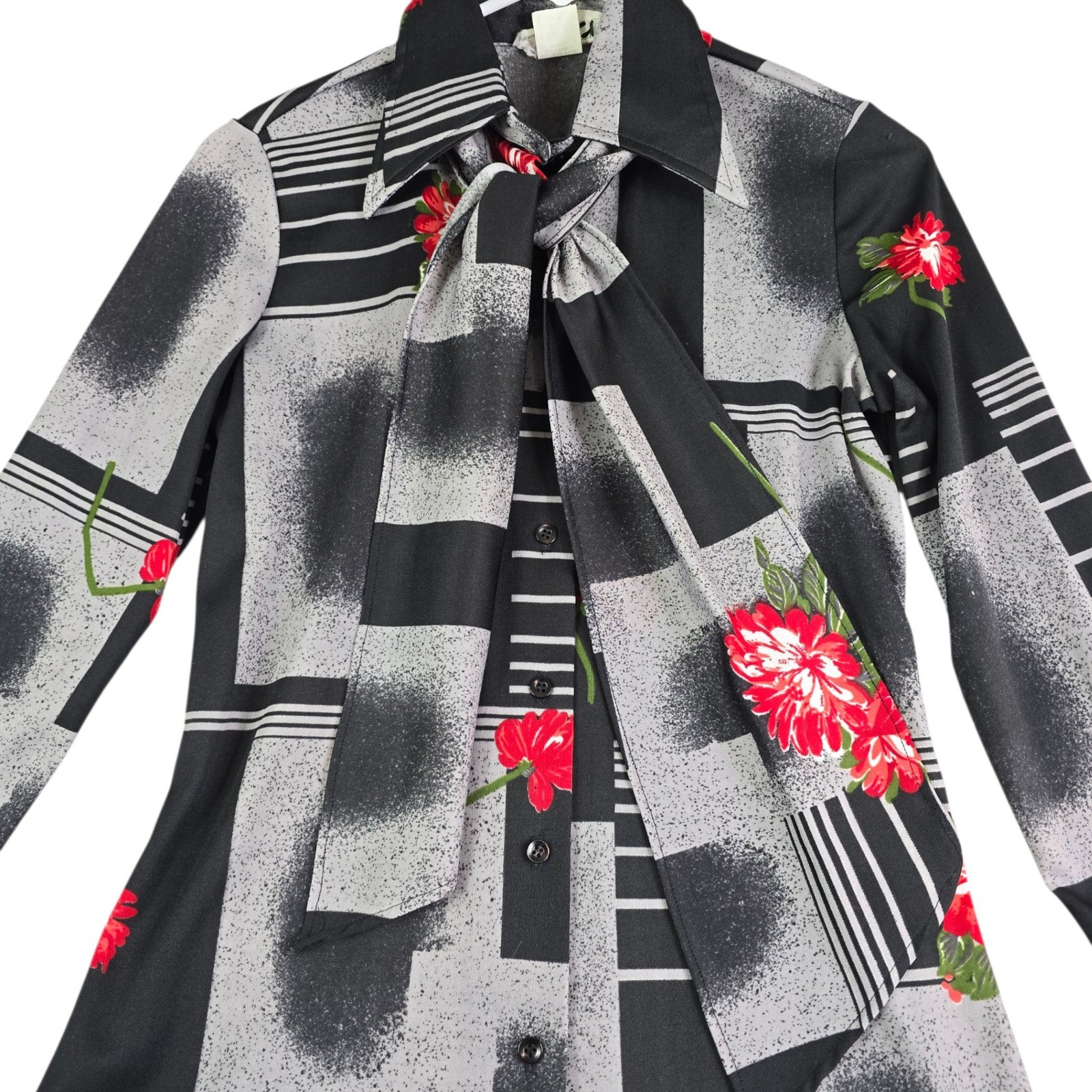 Vintage Trissi Blouse Women S Black Gray Red 70s Geometric Floral Tie Neck Scarf