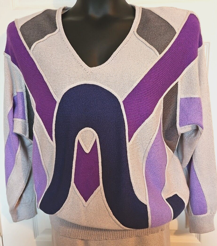 VTG Tomatis De Renee Lombardi Lrg Gray Purple Color Block Knit Sweater Skirt Set