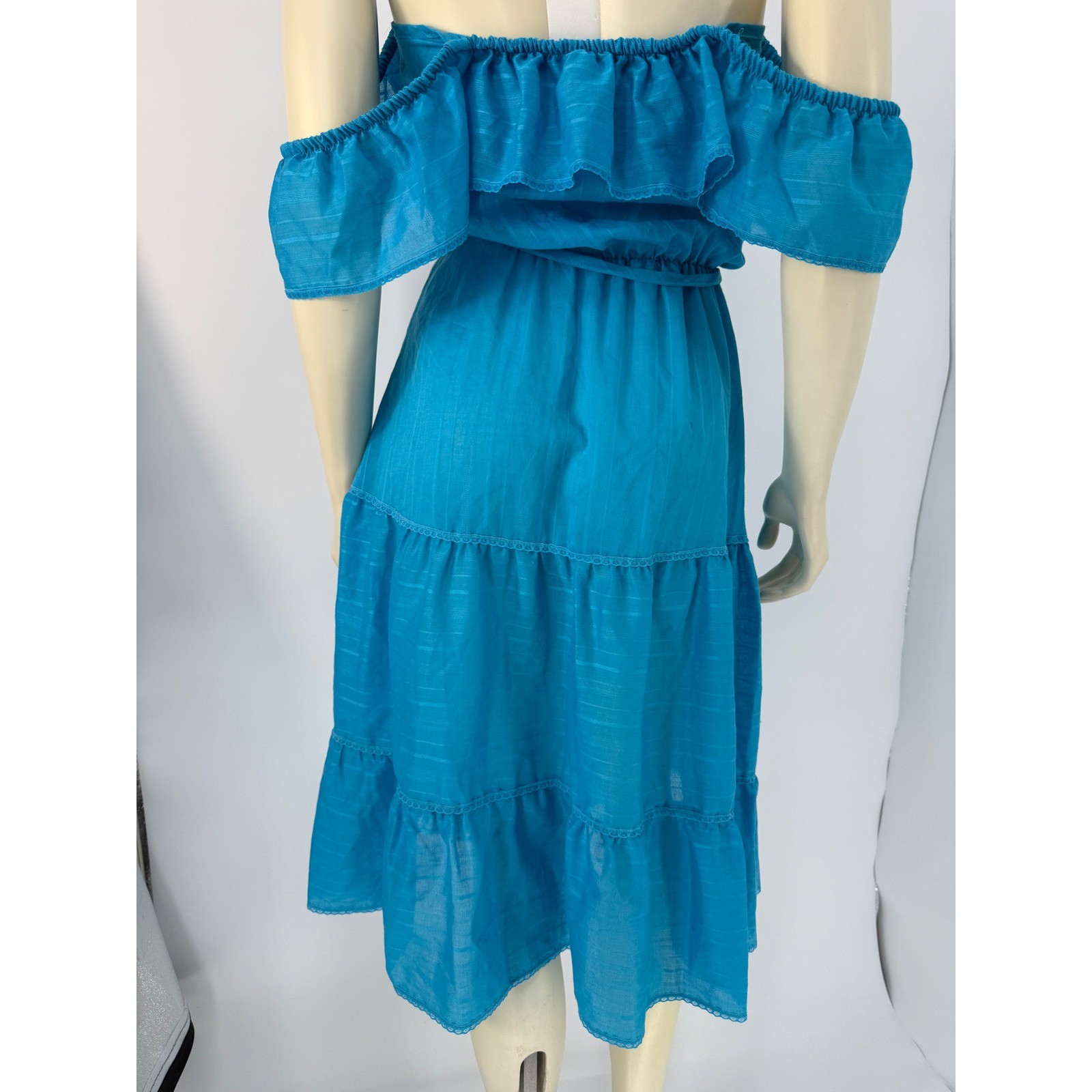 1970s Blue Off Shoulder Prairie Dress Cottagecore Boho Gauze Small