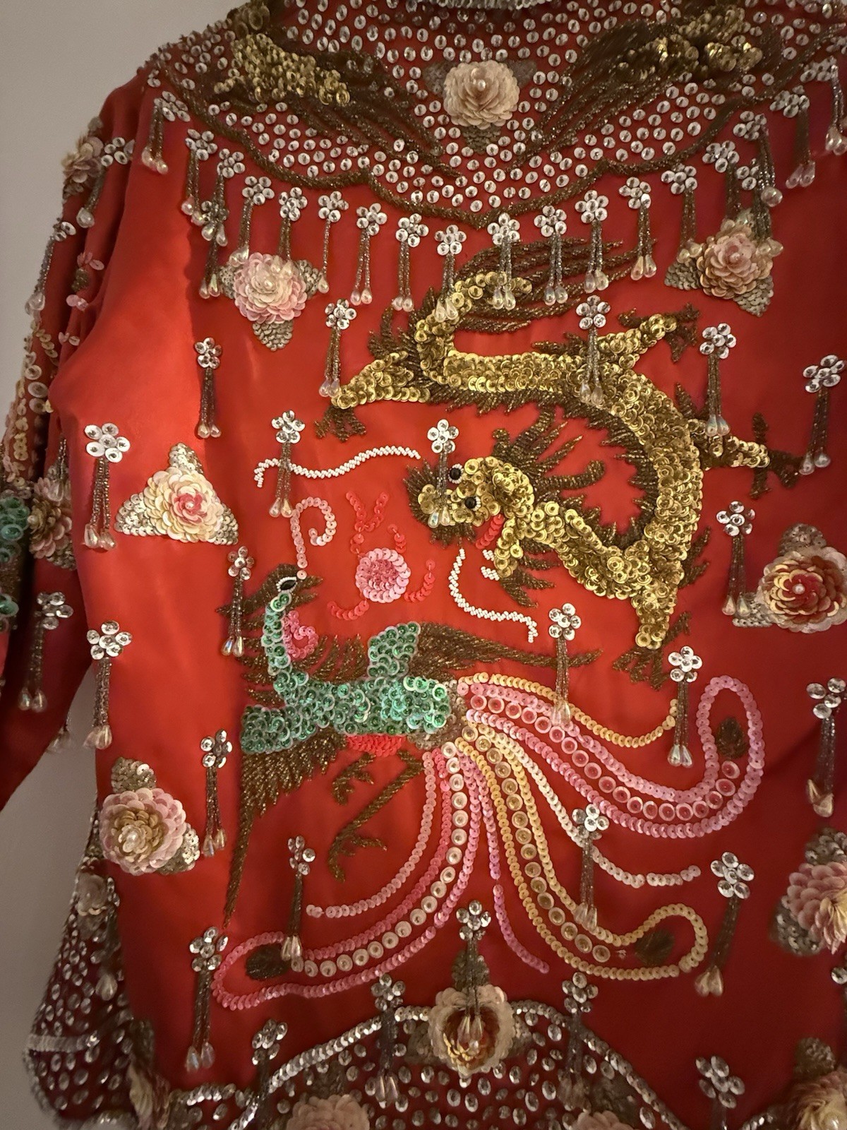 Vintage Beaded Silk Jacket Oriental Heavily Embellished Dragon & Peacock Sequin