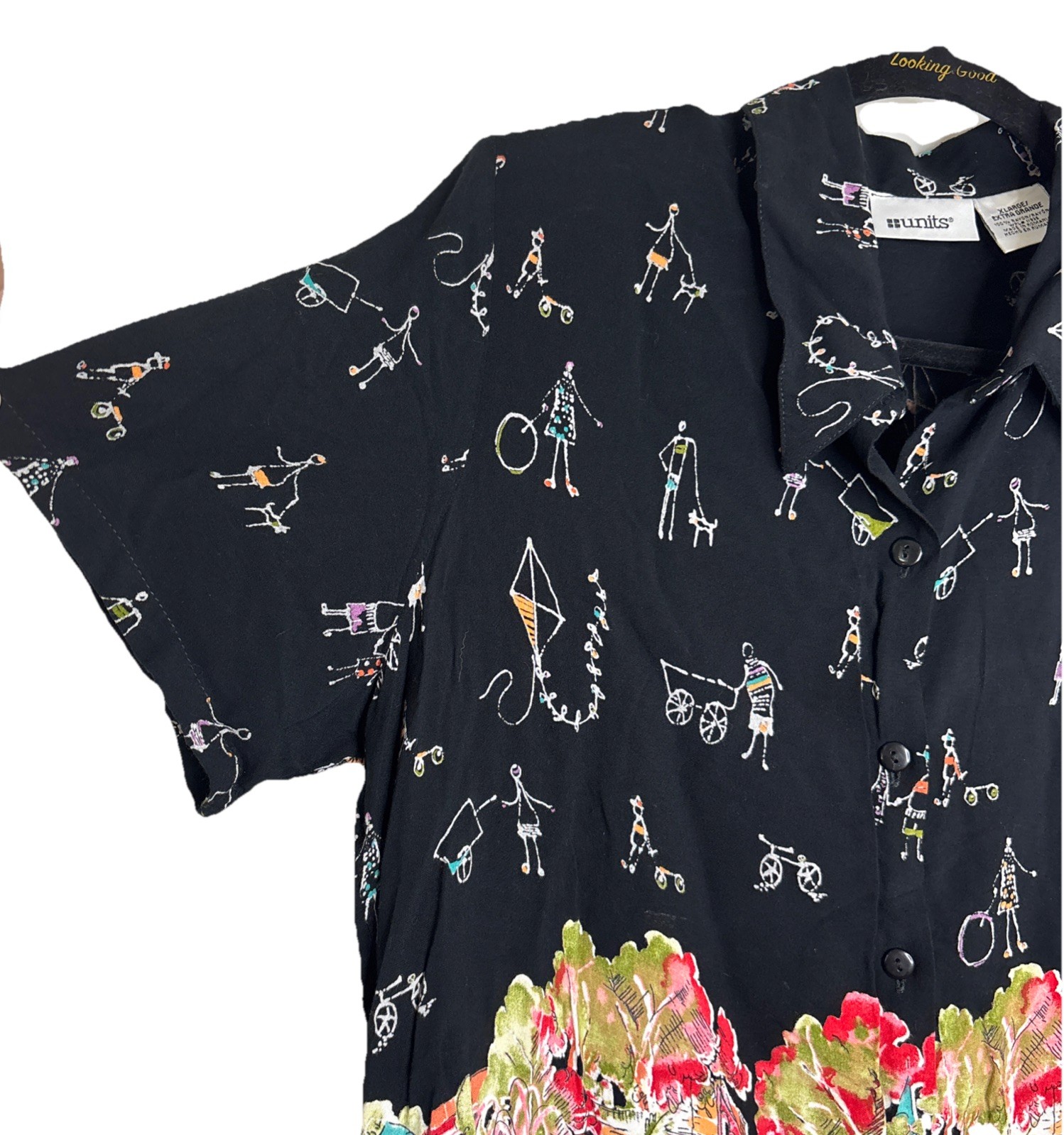 Vintage 80’s Units Blouse, Resort Scene, Doodles, Shoulder Pads Women’s Size XL