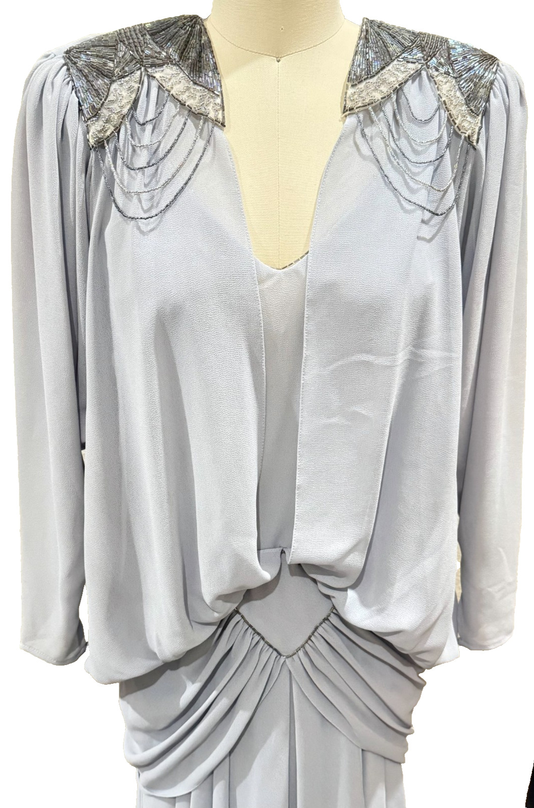 Vtg Casadei DropWaist Dress Women Sz 6 Beaded Shoulders 80s Does 20s Blue/Gray