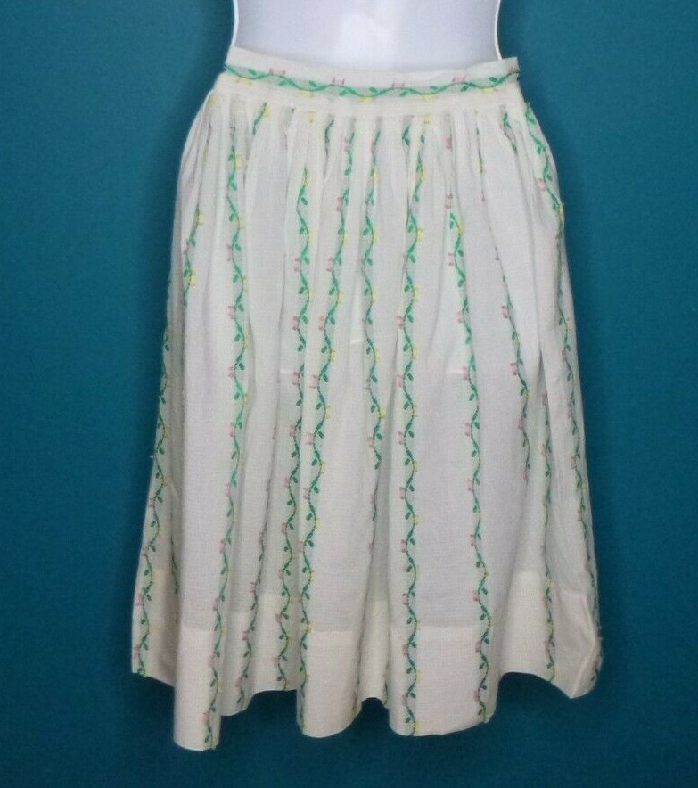 Vtg 50s 60s Cotton Clip Dot Dimity Floral Skirt Green Pink Yellow 23″ Waist