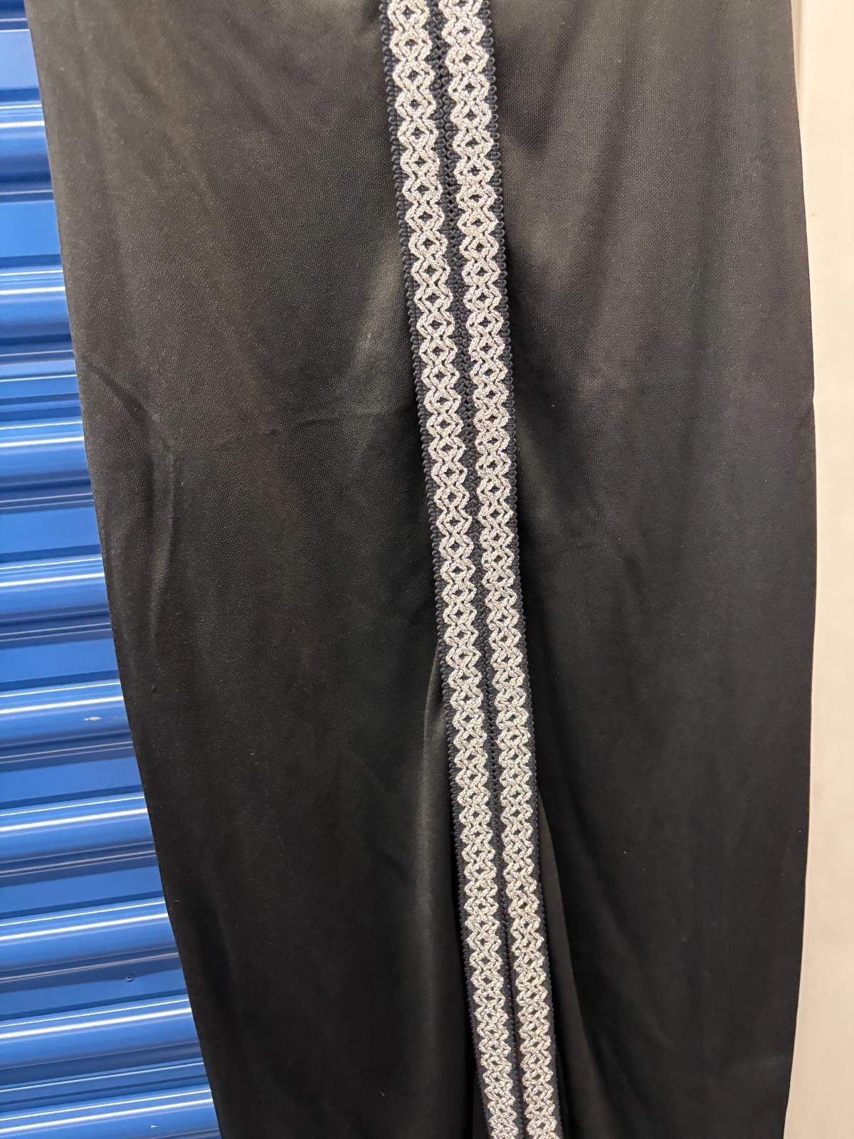 Vintage 70s Black Maxi Dress Mock Neck Metallic Trim Slit L Disco Sonny & Cher