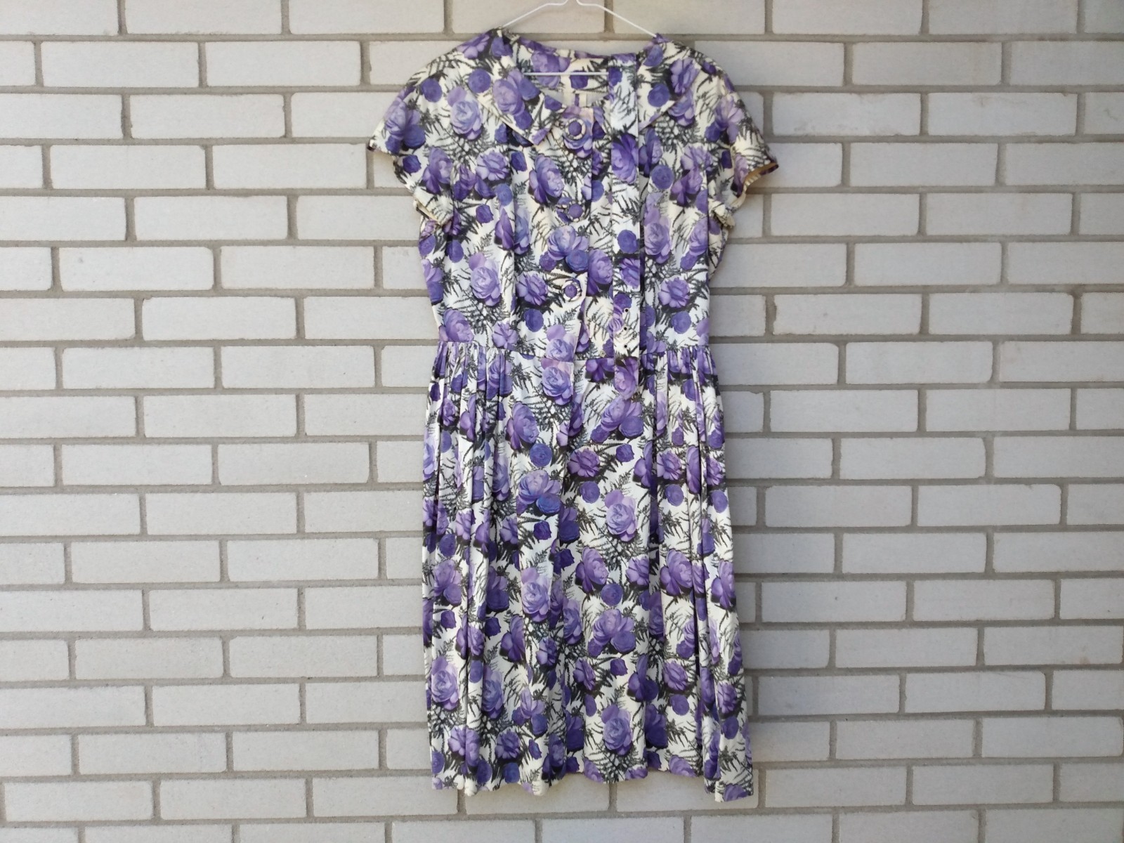 Vintage 50s Purple Rose Dress 42″ Bust 28.5″ Waist Rockabilly Tea Party 60s