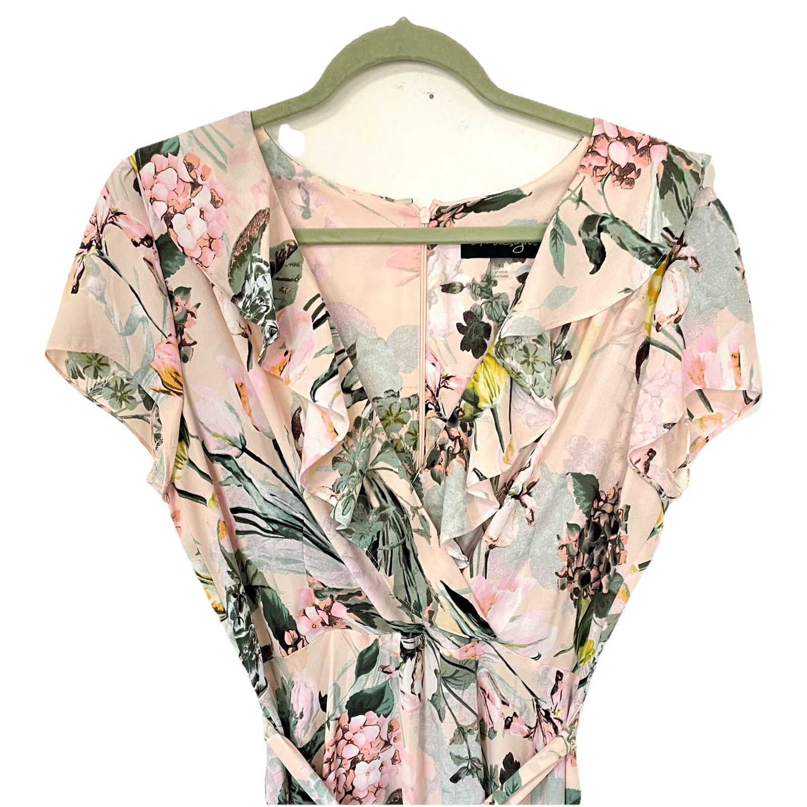 DN Design Dress 14 Ruffle V Neck 90s Floral Blush Hi Low Cottage Garden Feminine