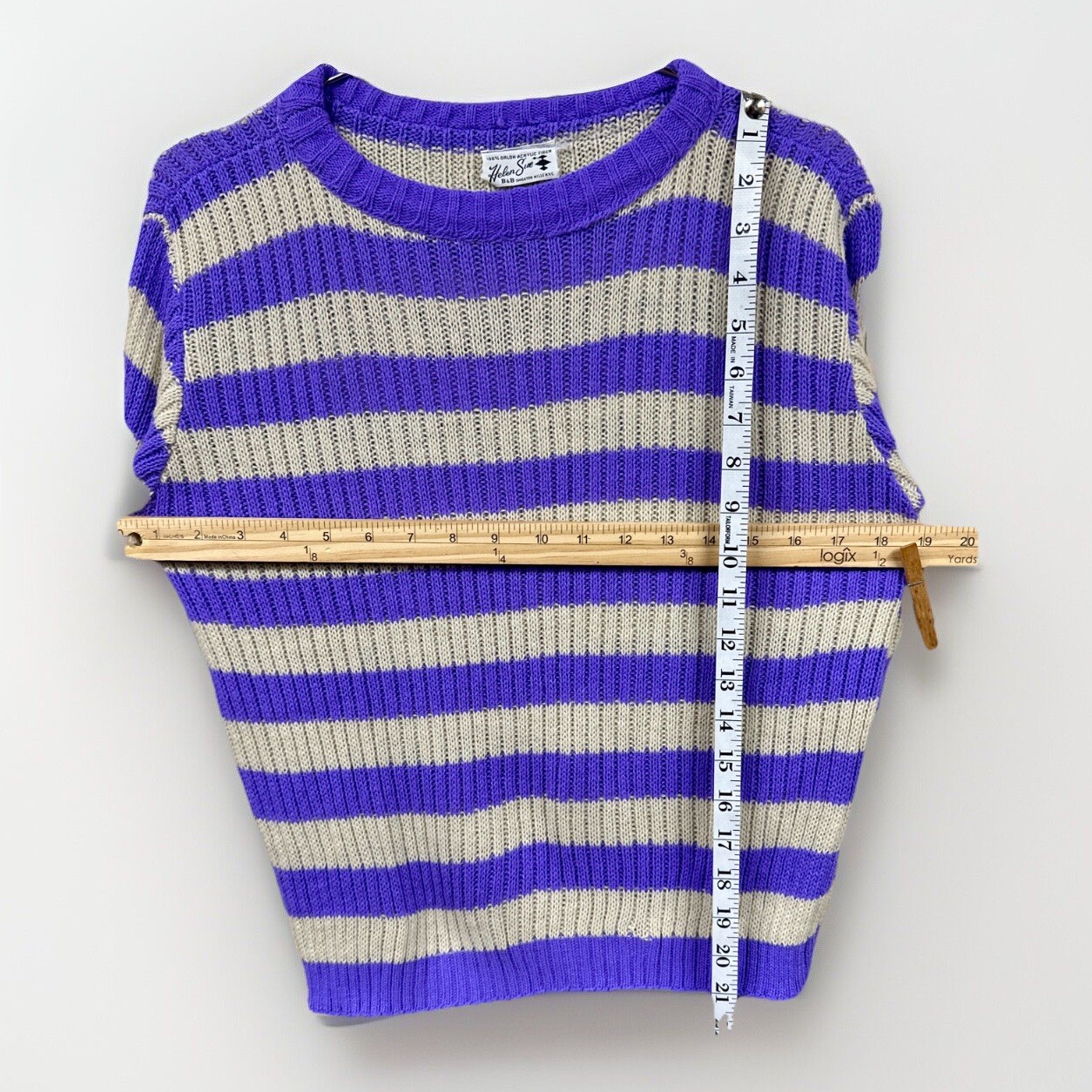 Vintage Short Sleeve Knit Sweater Purple Stripe Helen Sue Acrylic