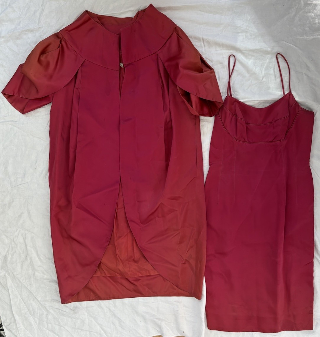 VTG Lilli Diamond Red Satin Dress Matching Evening Coat Oversized Size 4 FAIR