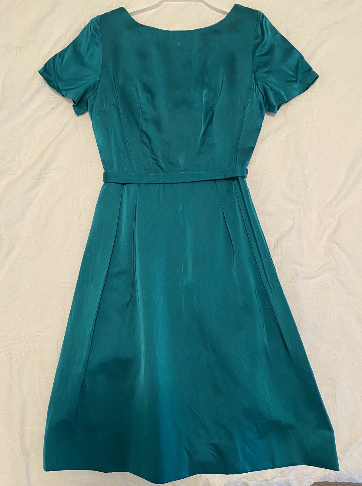 50s 60s VTG Dress Teal AU Sz 8 Satin Short Sleeve Boat Neck Formal Prom A Line