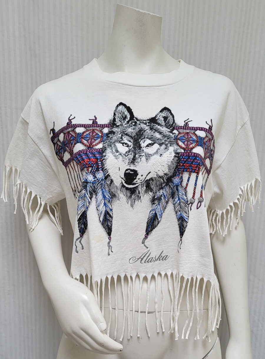 Vtg 80’s Native American Wolf Glitter Feather Alaska Fringe T Shirt – Sz M/L *B6