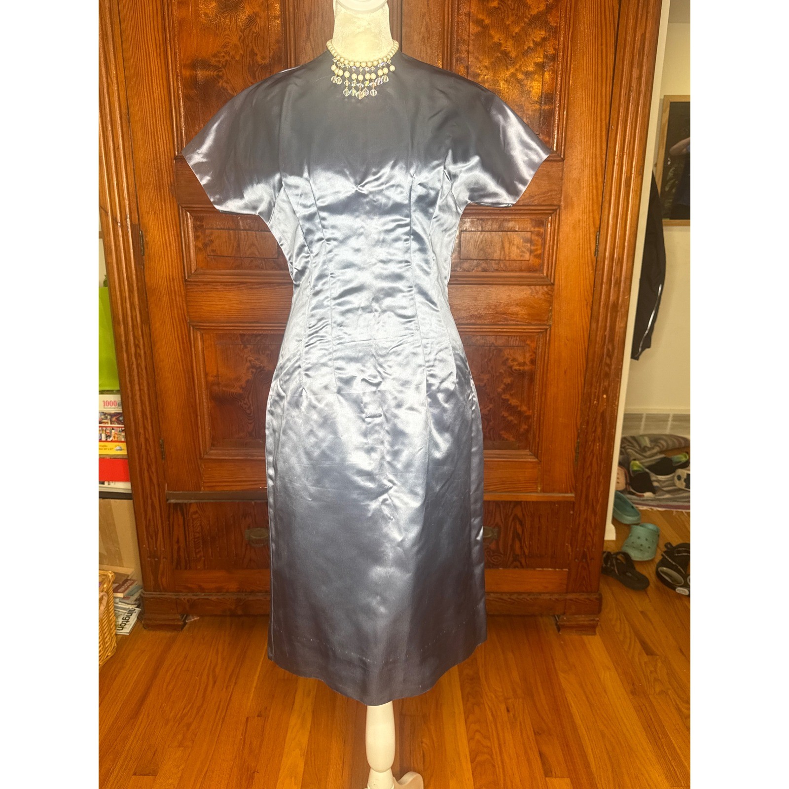 Vintage Steel Blue Satin Wiggle Dress Short Sleeve Sheath Cocktail Mid Century
