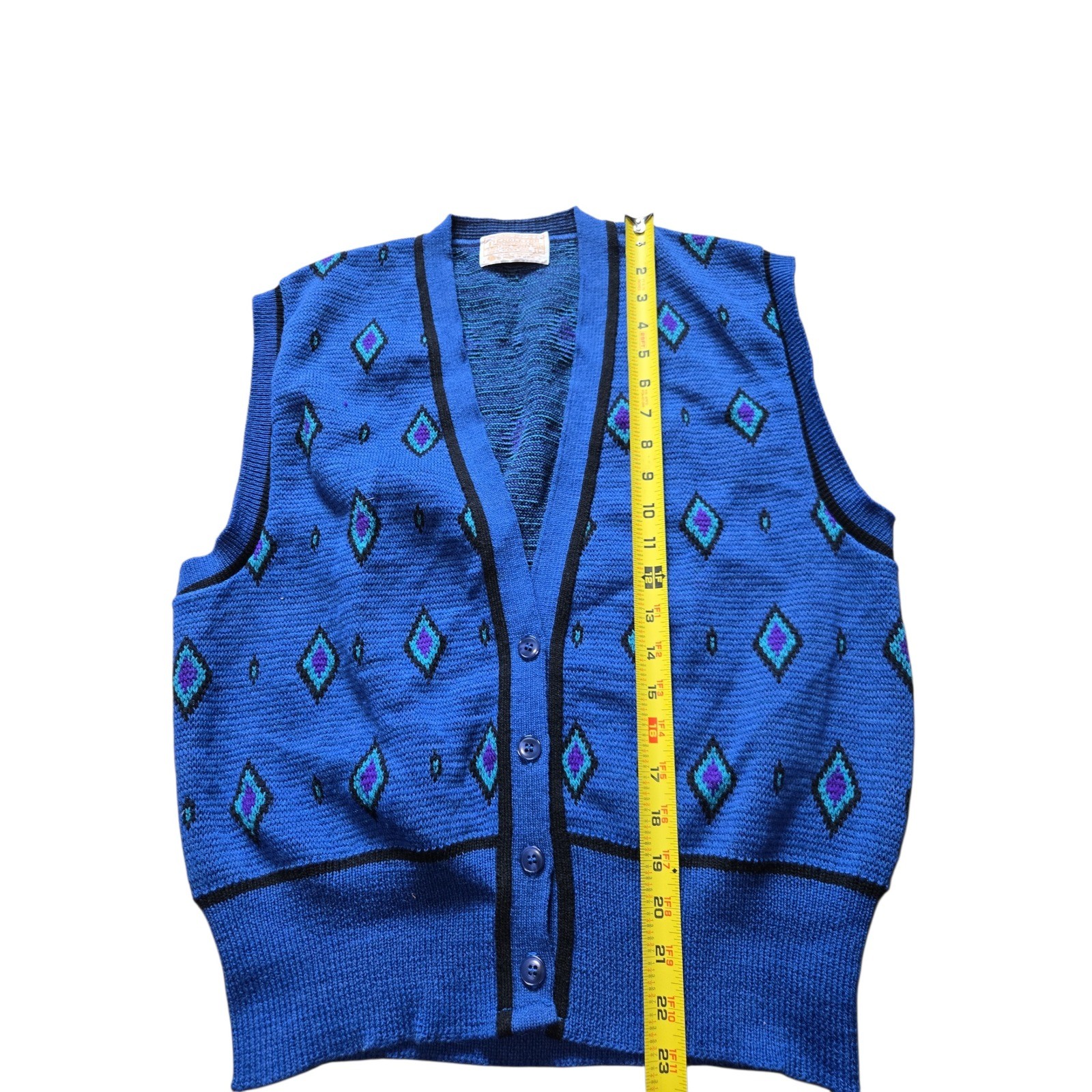 Vintage Pendleton Wool Knit Vest Blue Geometric Diamond Button Front Large USA