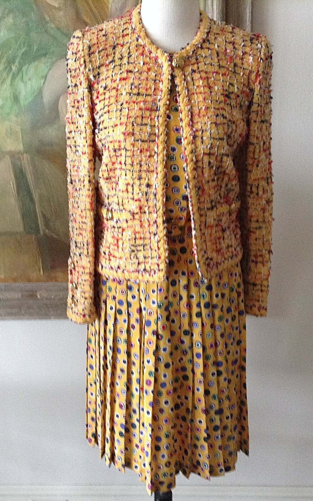 VTG ADOLFO 3 Piece Suit Boucle Wool Jacket-Silk Blouse+Pleated Silk Yellow sz Sm