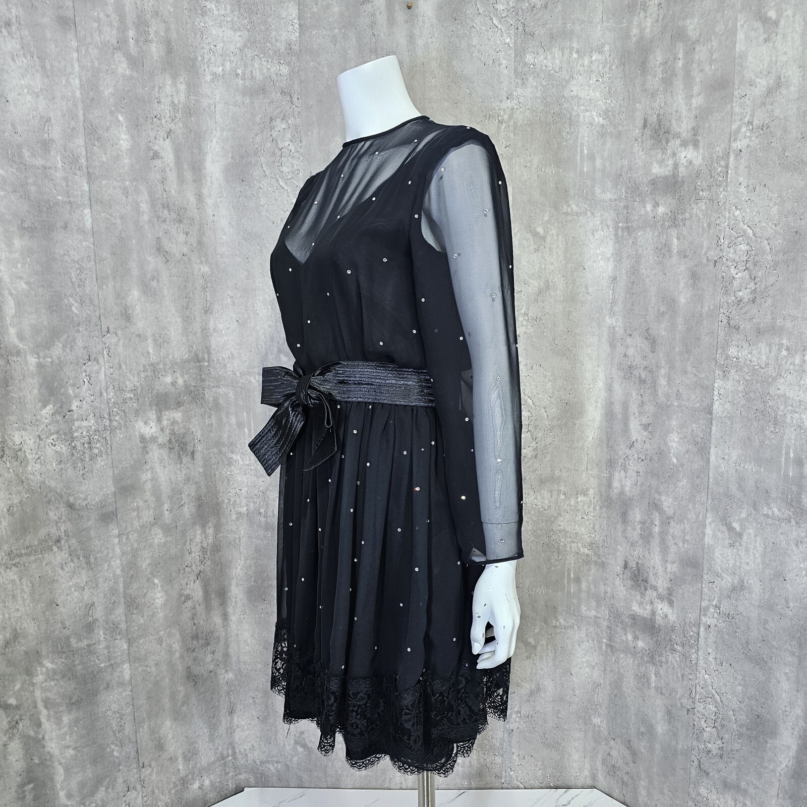 Vintage 80s Henri Bendel Liancarlo Illusion Neckline & Sleeves Black Dress Bow