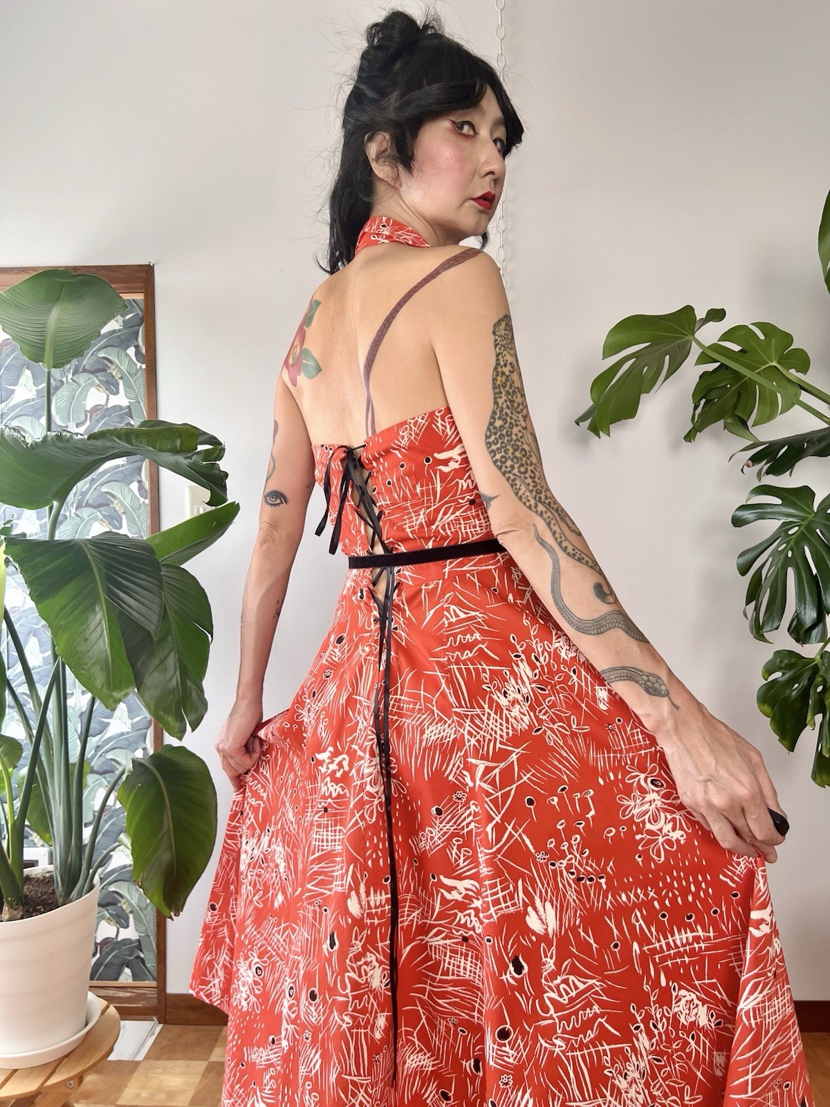 50s Abstract Print Collared Halter Neck Corset Lace Up Cotton Dress S/M LVL Tiki
