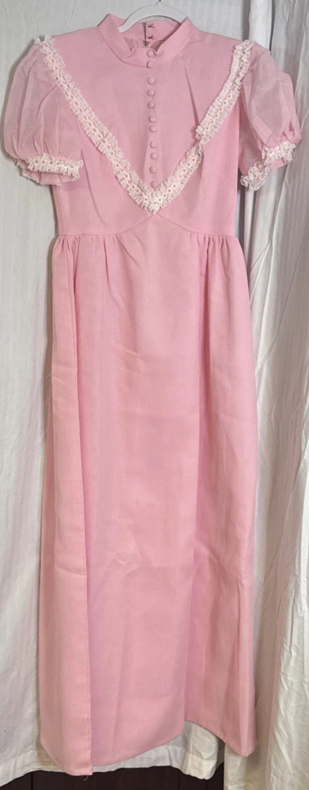 VTG Prairie Dress Maxi Lace ILGWA Bubblegum Pink Formal Prom Wedding 26”W