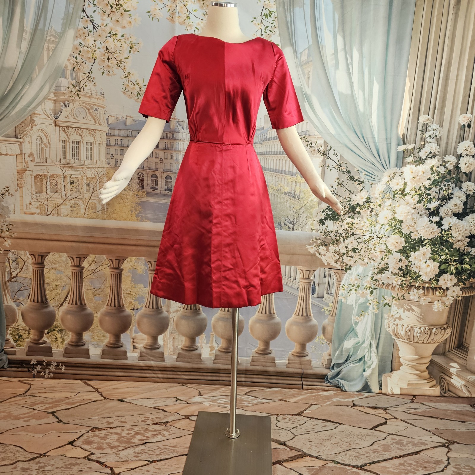 Vintage 1950s Dress Cherry Red Liquid Satin Half Sleeve Pinup Rockabilly
