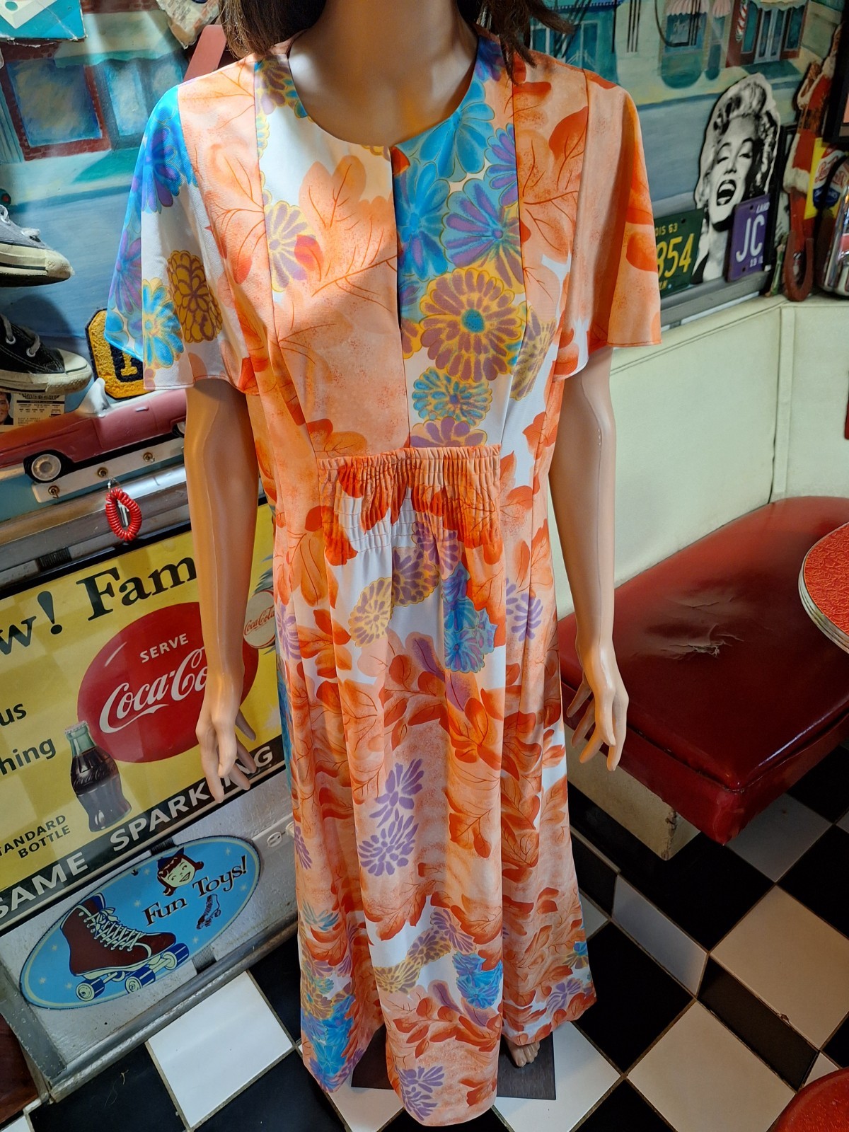 True VTG 1970s MALIHINI HAWAII Mid-century Mod Polyester Maxi Dress Muu Muu L