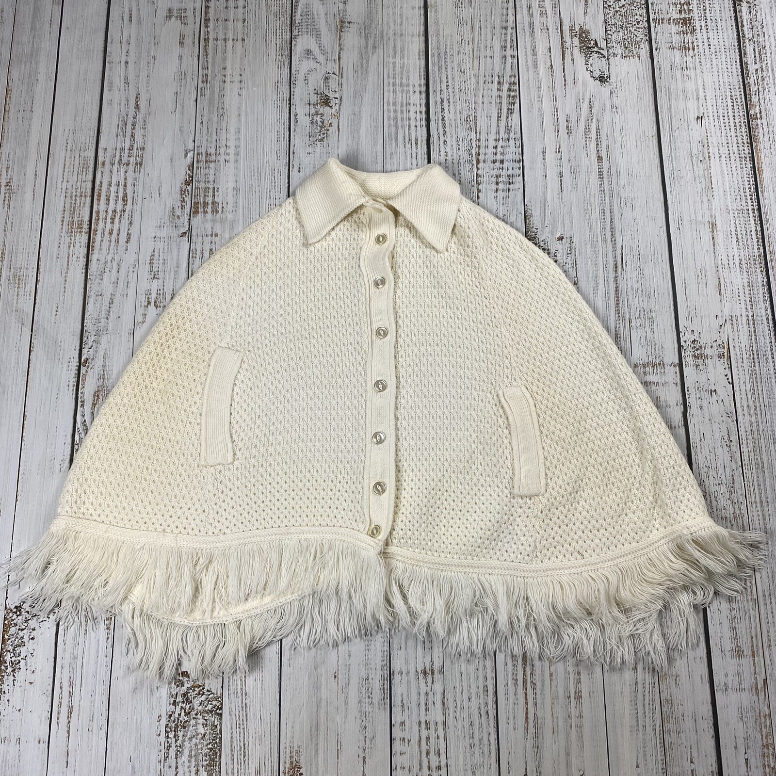 VTG 60S SHERRY GALE? TURBO ORLON ACRYLIC SWEATER PONCHO CAPE ONE SIZE KNIT WHITE