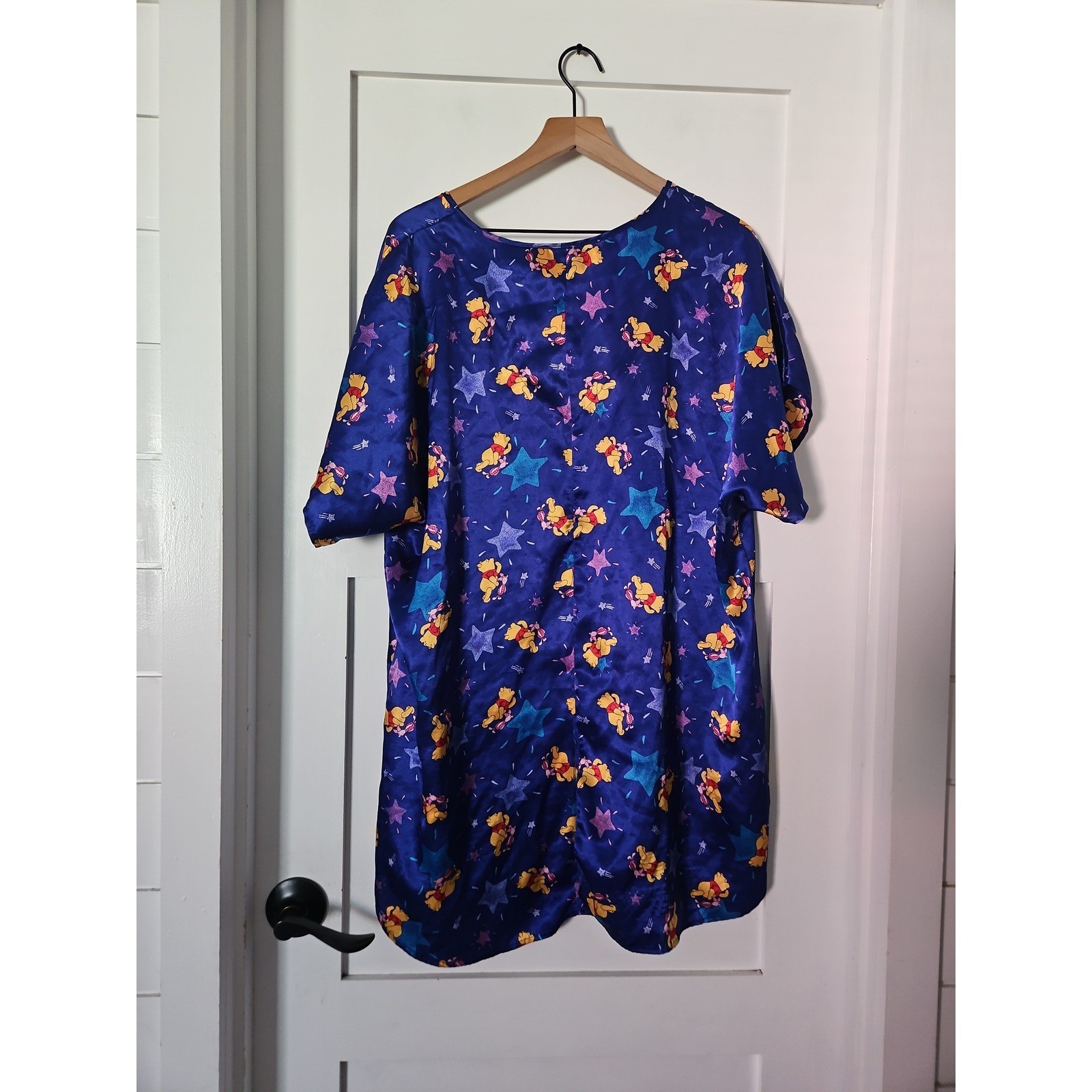 Vintage Winnie The Pooh Disney Satin Nightgown XL Blue Stars Sleepwear Dress