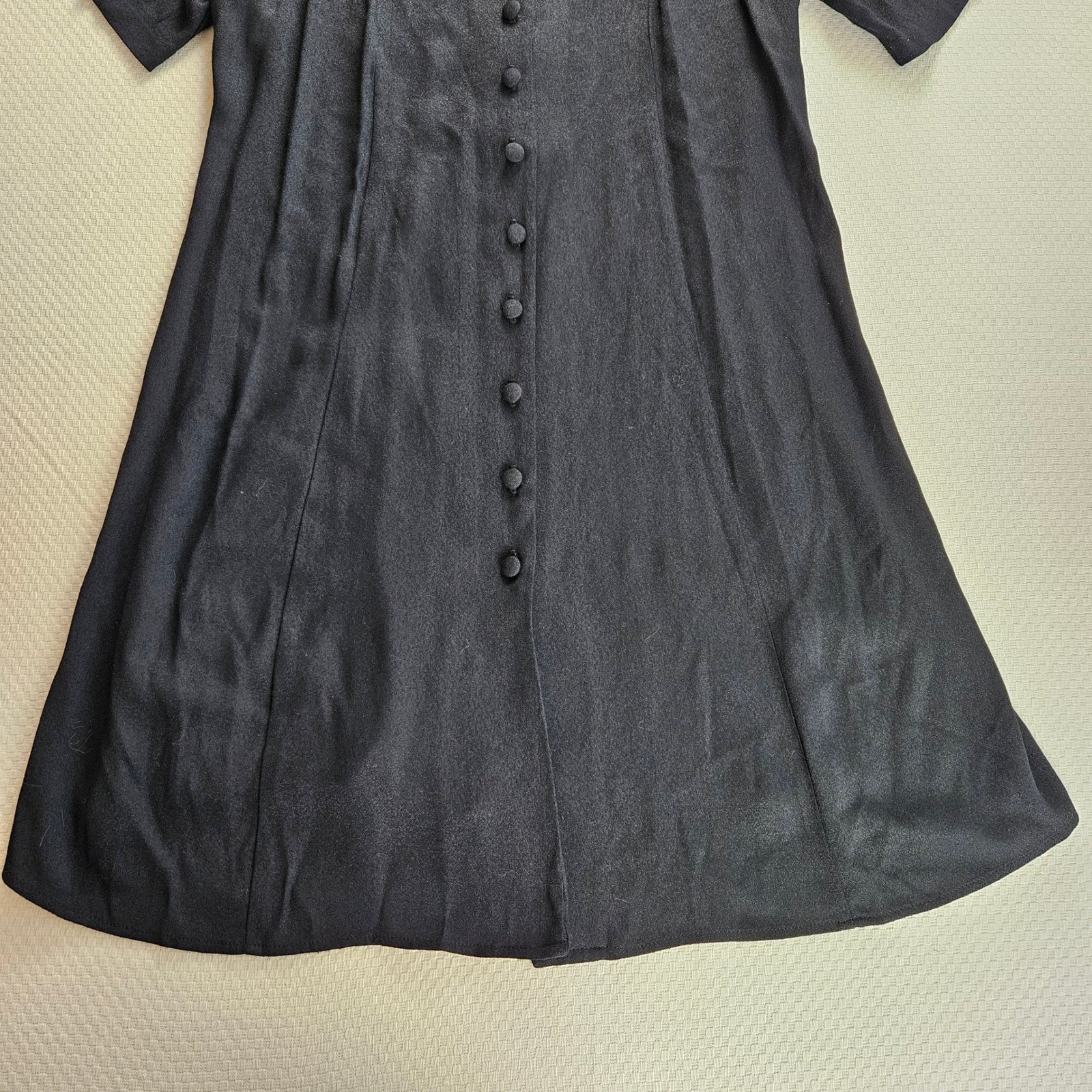 Vintage 90s Black Button Front Lace Up Back Midi Dress Short Sleeve Minimalism L